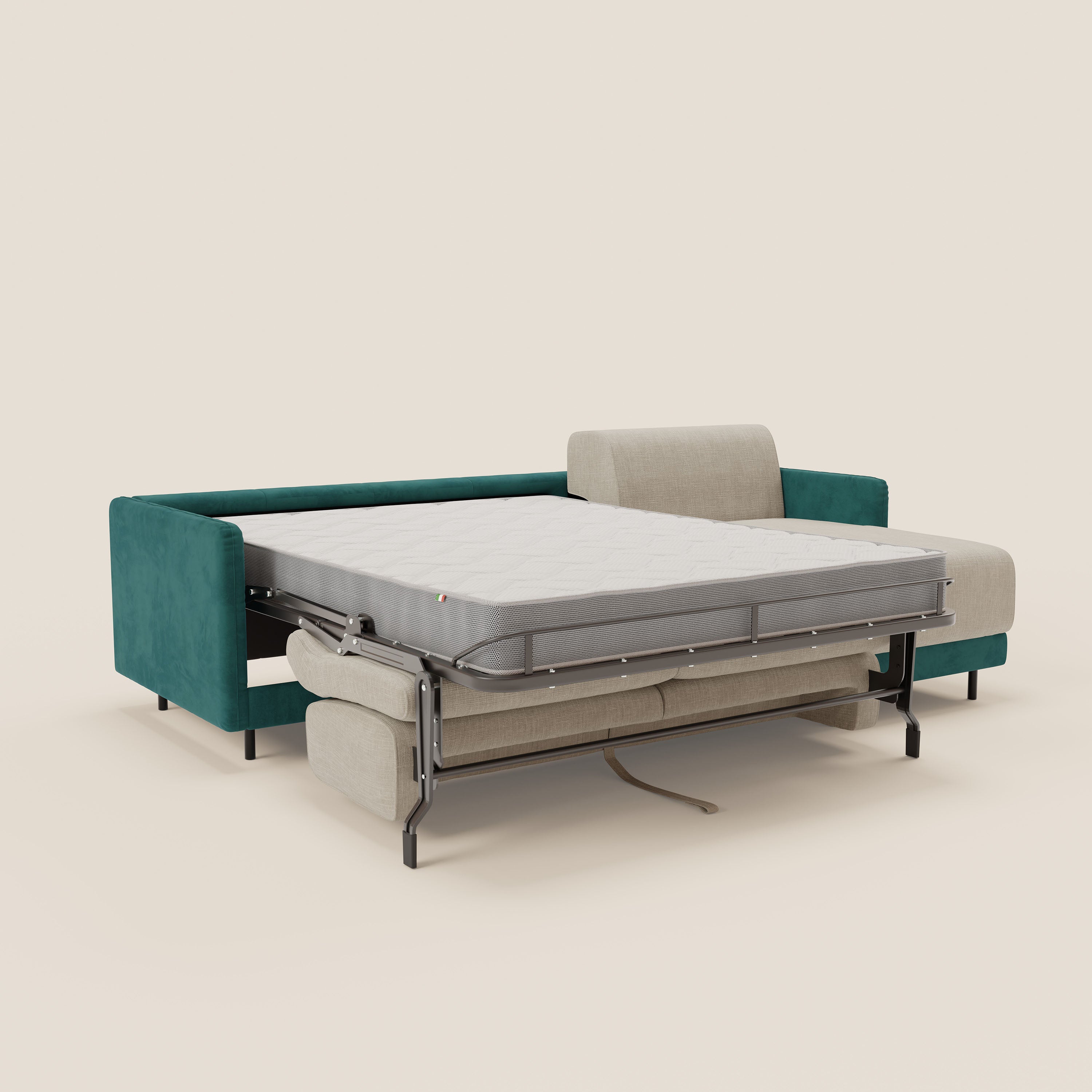 Narciso divano letto angolare con materasso alto 18 cm e penisola contenitore in tessuto bicolore impermeabile T11 e T06 - divani.store