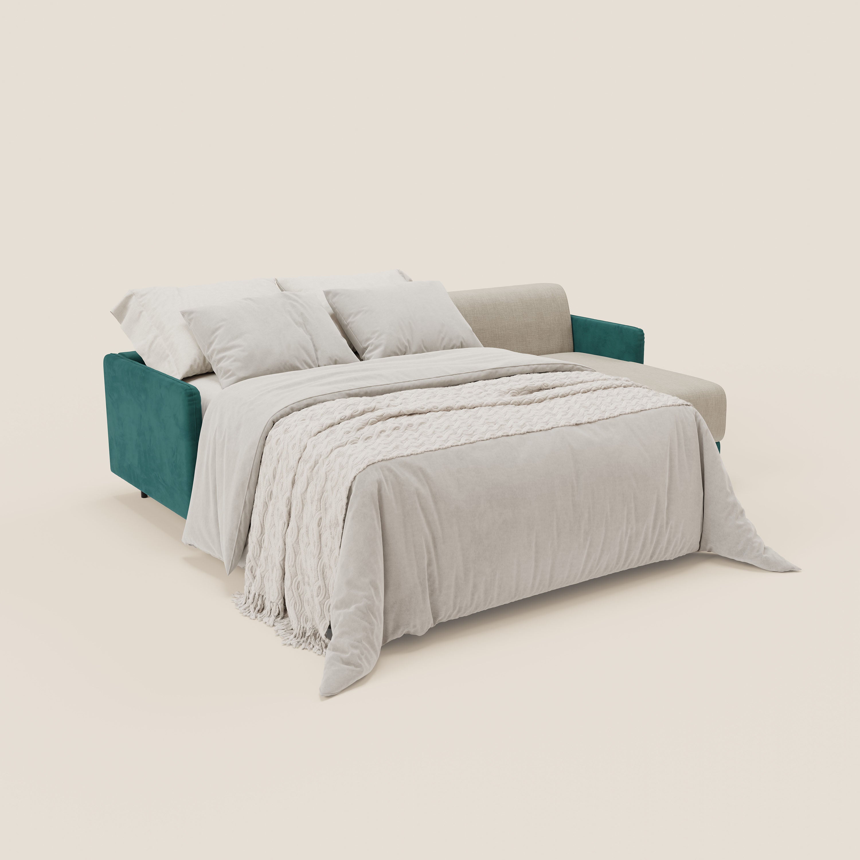 Narciso divano letto angolare con materasso alto 18 cm e penisola contenitore in tessuto bicolore impermeabile T11 e T06 - divani.store