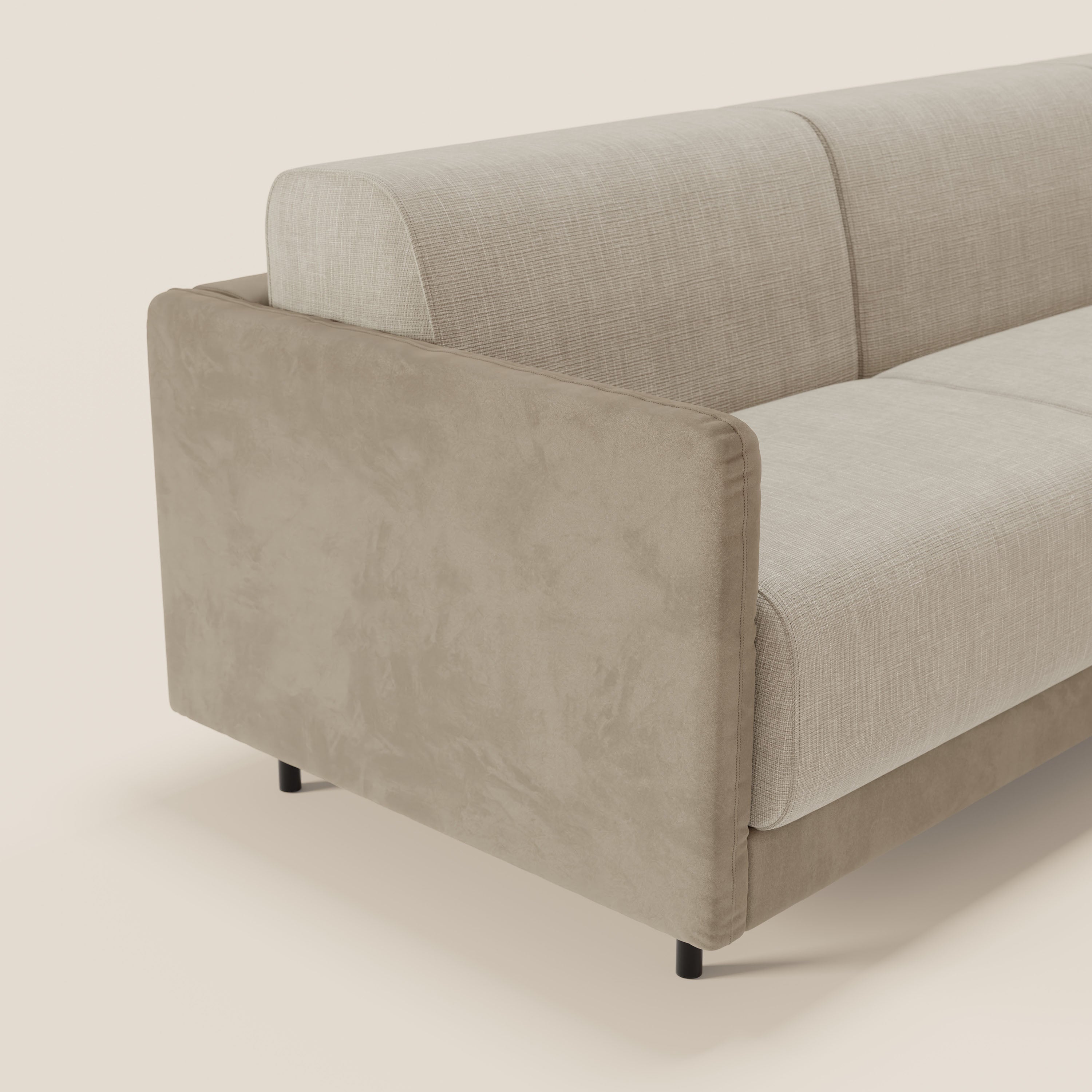 Narciso divano letto angolare con materasso alto 18 cm e penisola contenitore in tessuto bicolore impermeabile T11 e T06 - divani.store