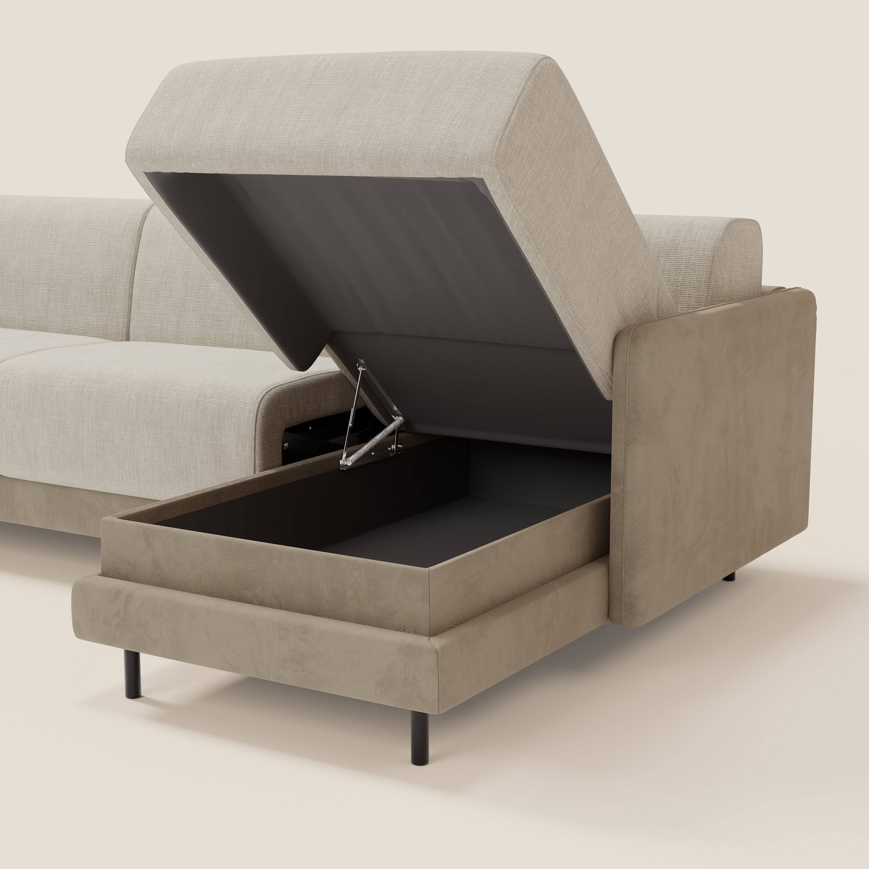 Narciso divano letto angolare con materasso alto 18 cm e penisola contenitore in tessuto bicolore impermeabile T11 e T06 - divani.store