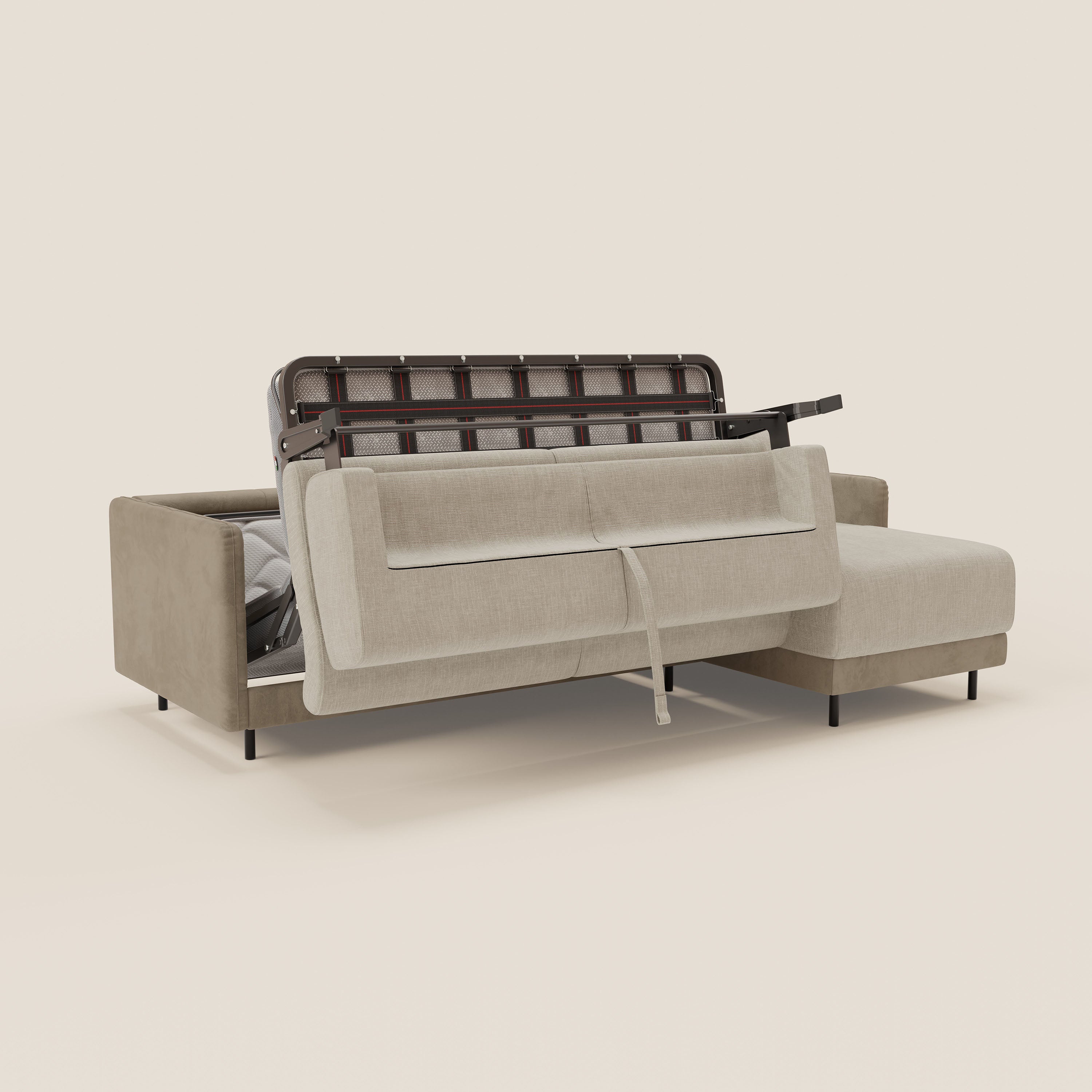 Narciso divano letto angolare con materasso alto 18 cm e penisola contenitore in tessuto bicolore impermeabile T11 e T06 - divani.store