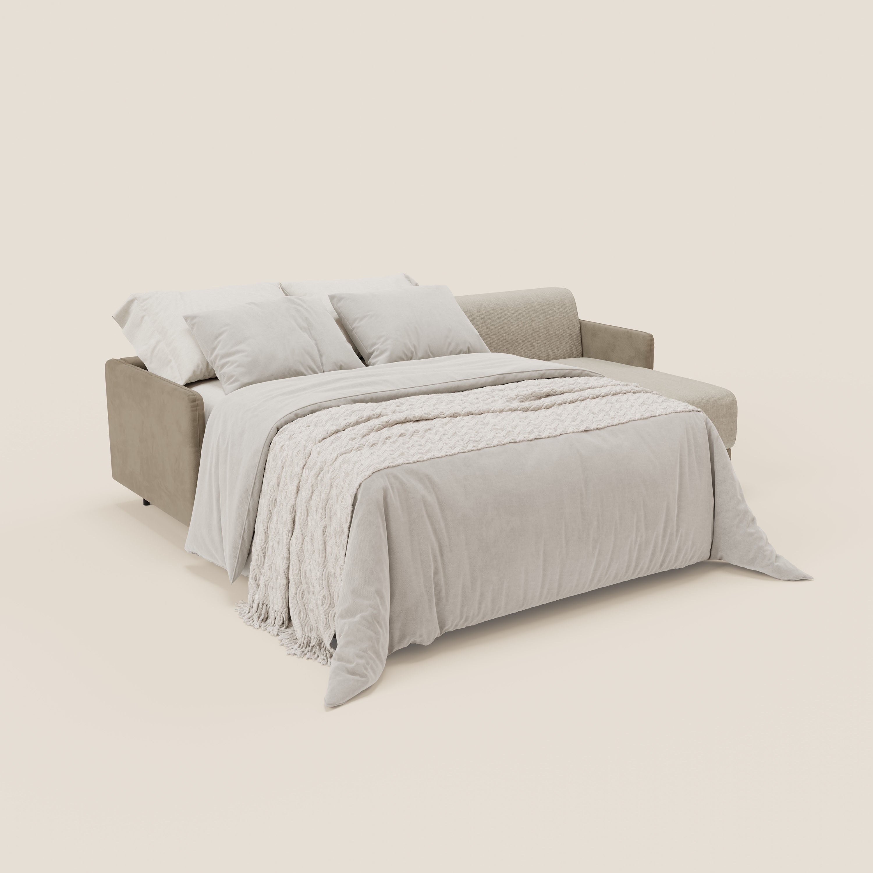 Narciso divano letto angolare con materasso alto 18 cm e penisola contenitore in tessuto bicolore impermeabile T11 e T06 - divani.store