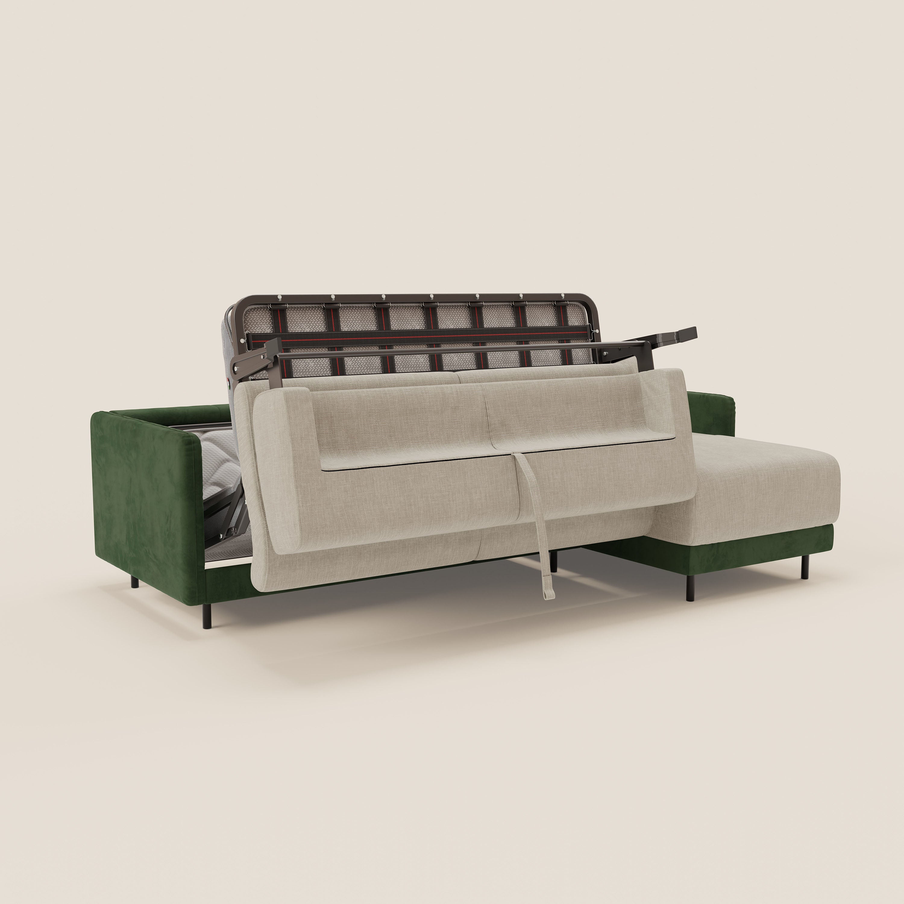 Narciso divano letto angolare con materasso alto 18 cm e penisola contenitore in tessuto bicolore impermeabile T11 e T06 - divani.store