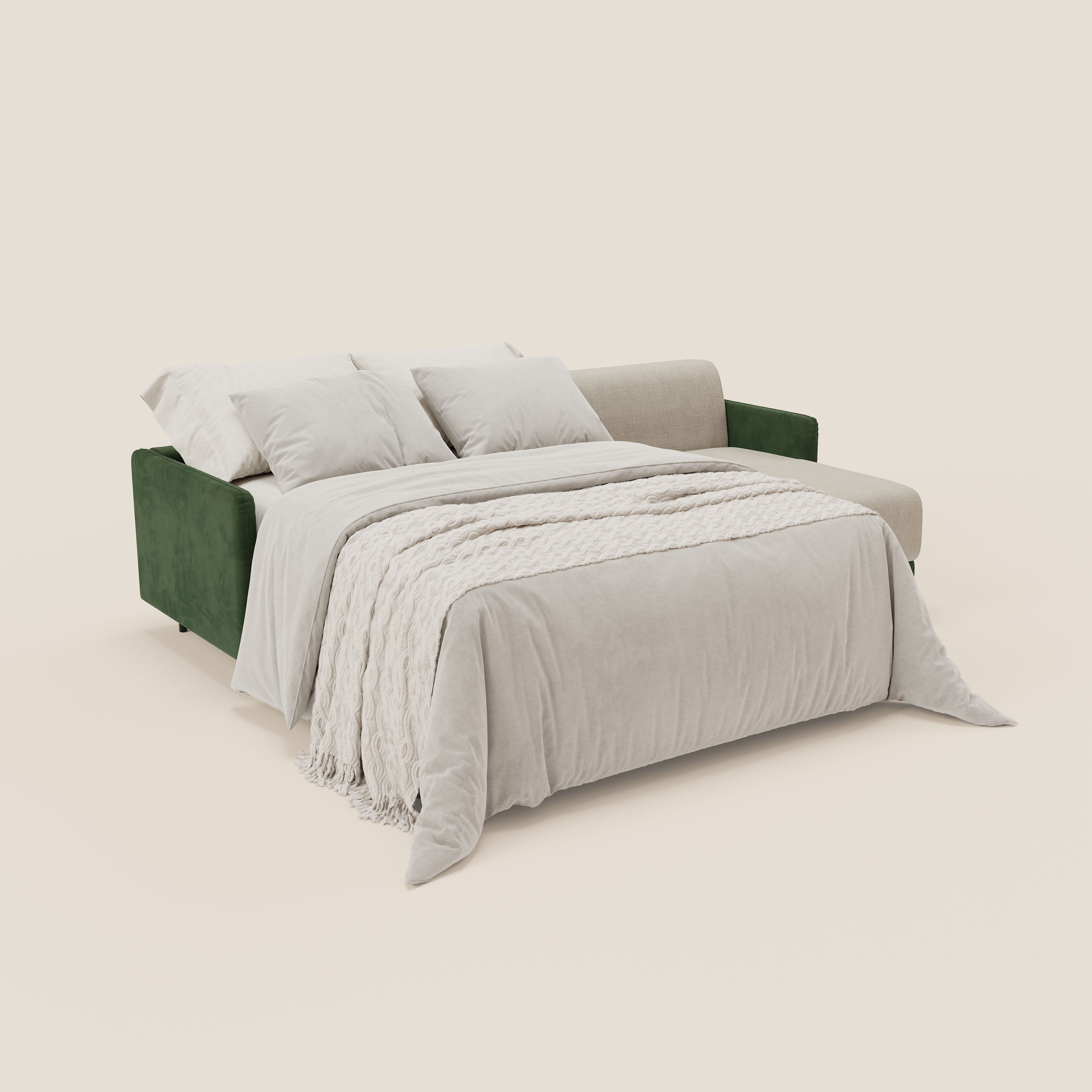 Narciso divano letto angolare con materasso alto 18 cm e penisola contenitore in tessuto bicolore impermeabile T11 e T06 - divani.store