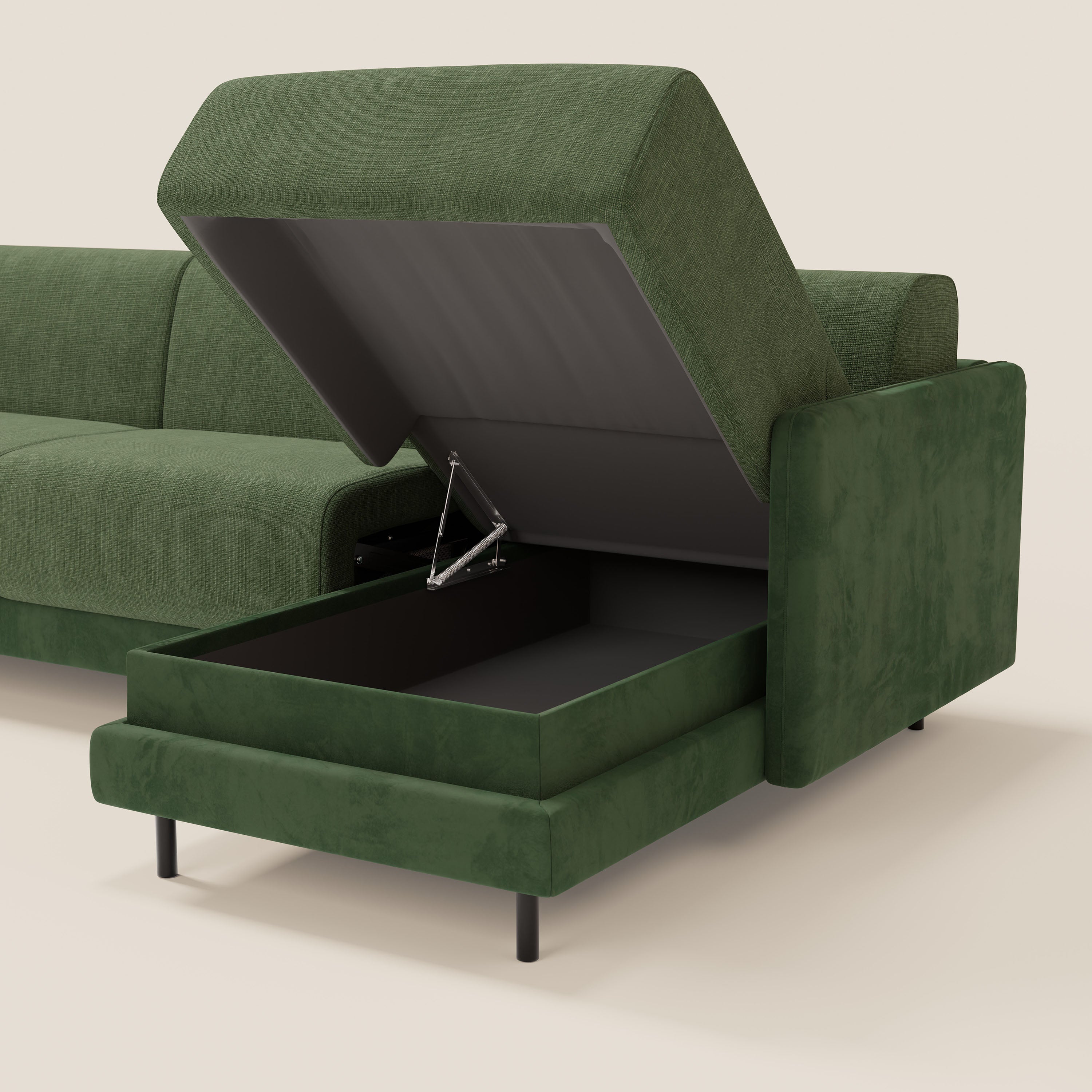 Narciso divano letto angolare con materasso alto 18 cm e penisola contenitore in tessuto bicolore impermeabile T11 e T06 - divani.store