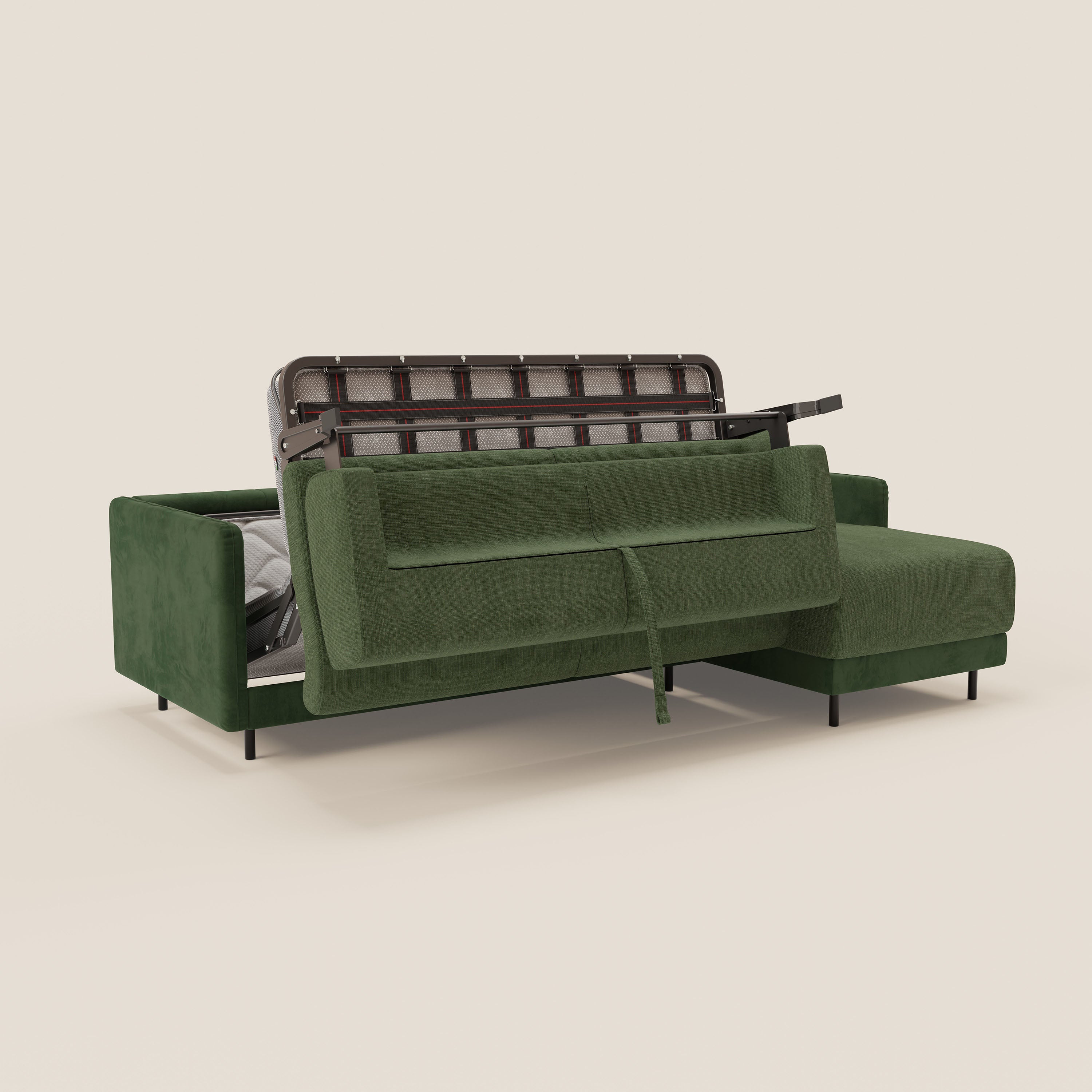 Narciso divano letto angolare con materasso alto 18 cm e penisola contenitore in tessuto bicolore impermeabile T11 e T06 - divani.store