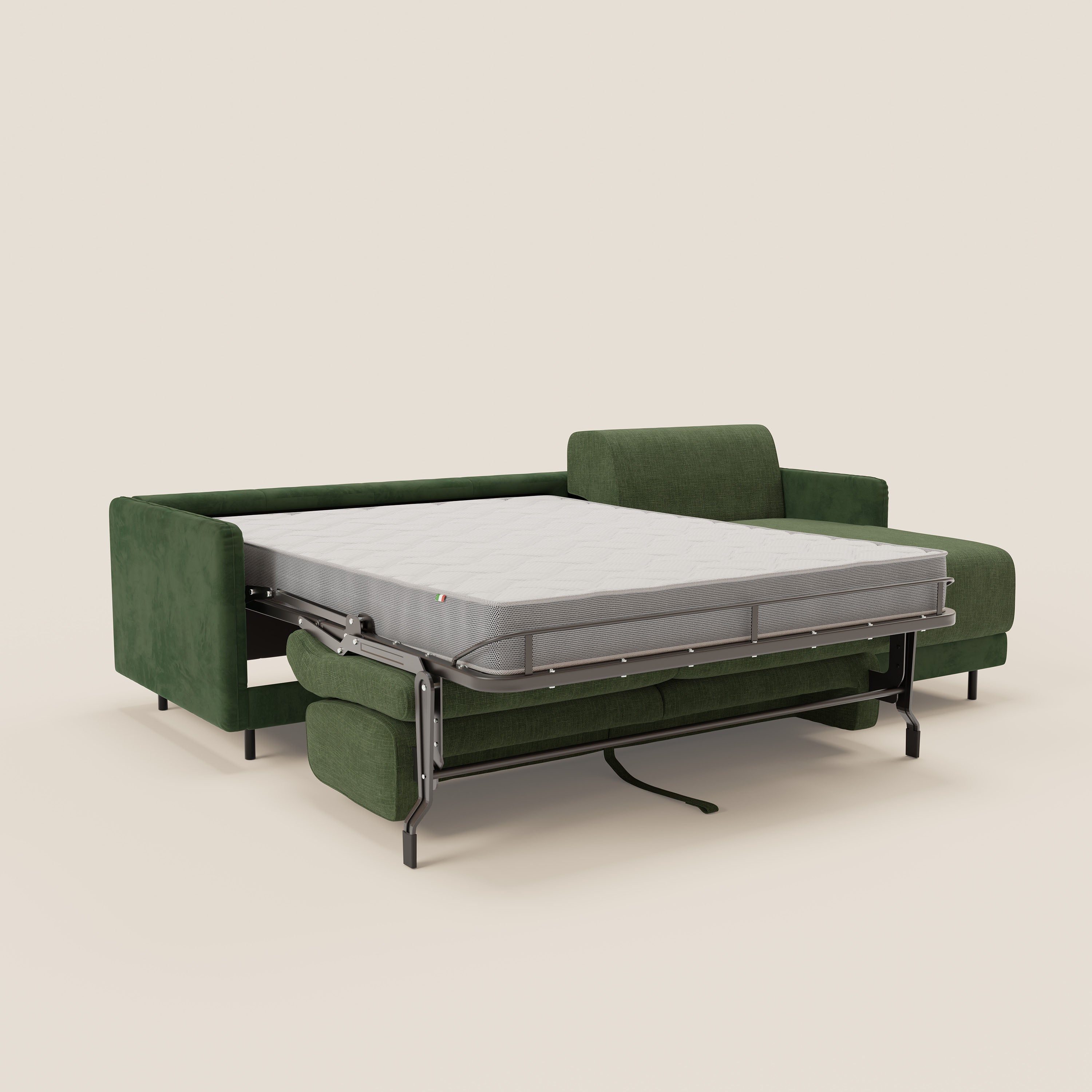 Narciso divano letto angolare con materasso alto 18 cm e penisola contenitore in tessuto bicolore impermeabile T11 e T06 - divani.store