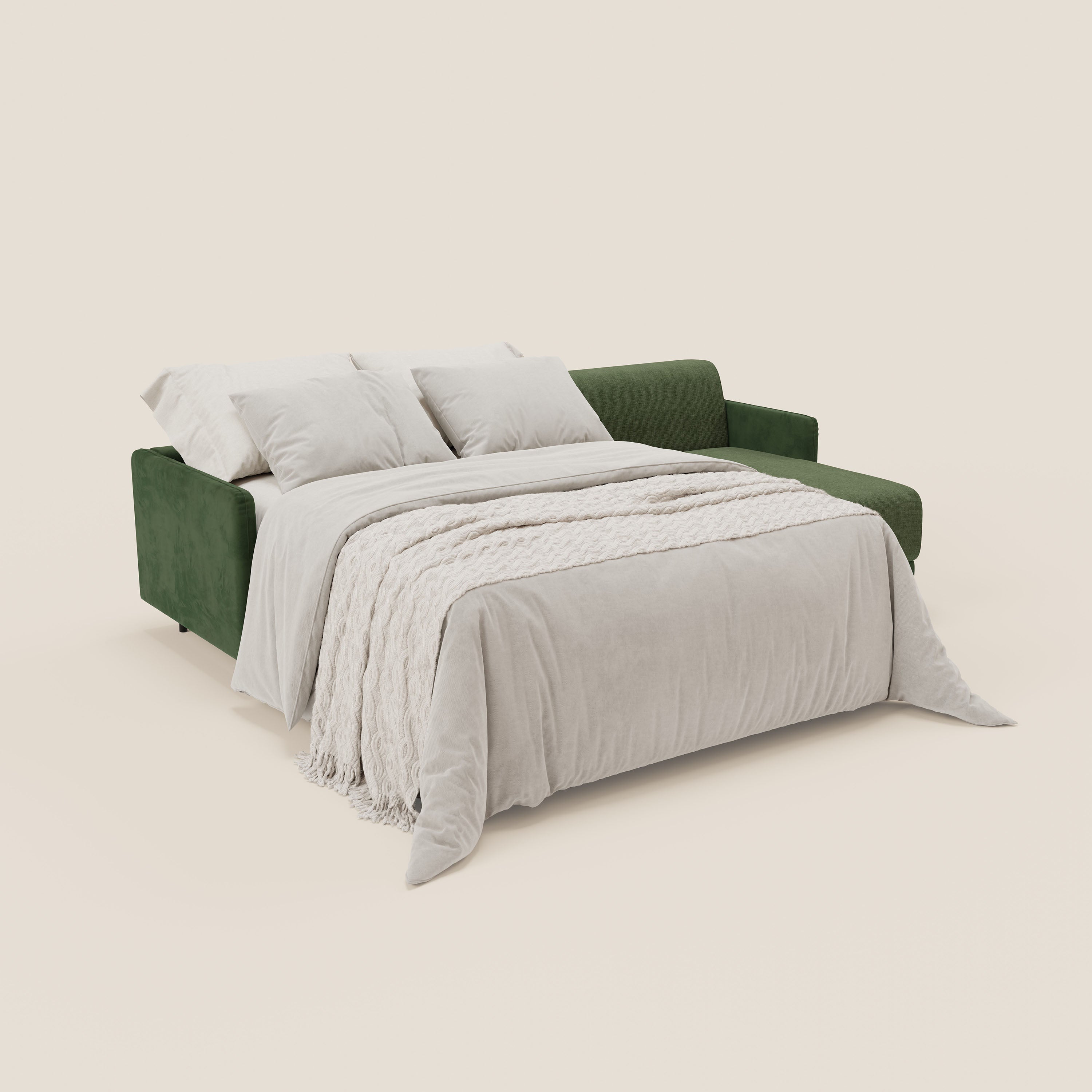 Narciso divano letto angolare con materasso alto 18 cm e penisola contenitore in tessuto bicolore impermeabile T11 e T06 - divani.store