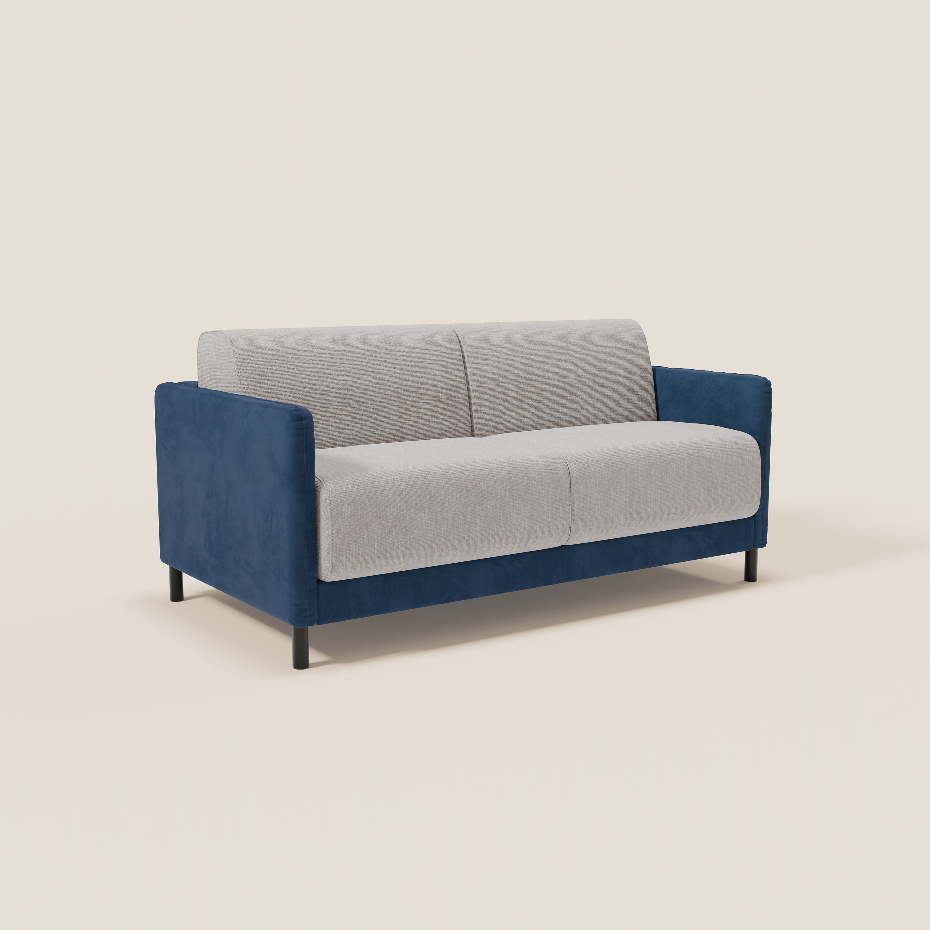 Il divano letto Narciso di Divani.Store è caratterizzato da un design bicolore con tessuto impermeabile blu (T06) e grigio chiaro, struttura in microfibra antimacchia, gambe in metallo nero, due cuscini seduta/schienale e un comodo materasso H18 cm.