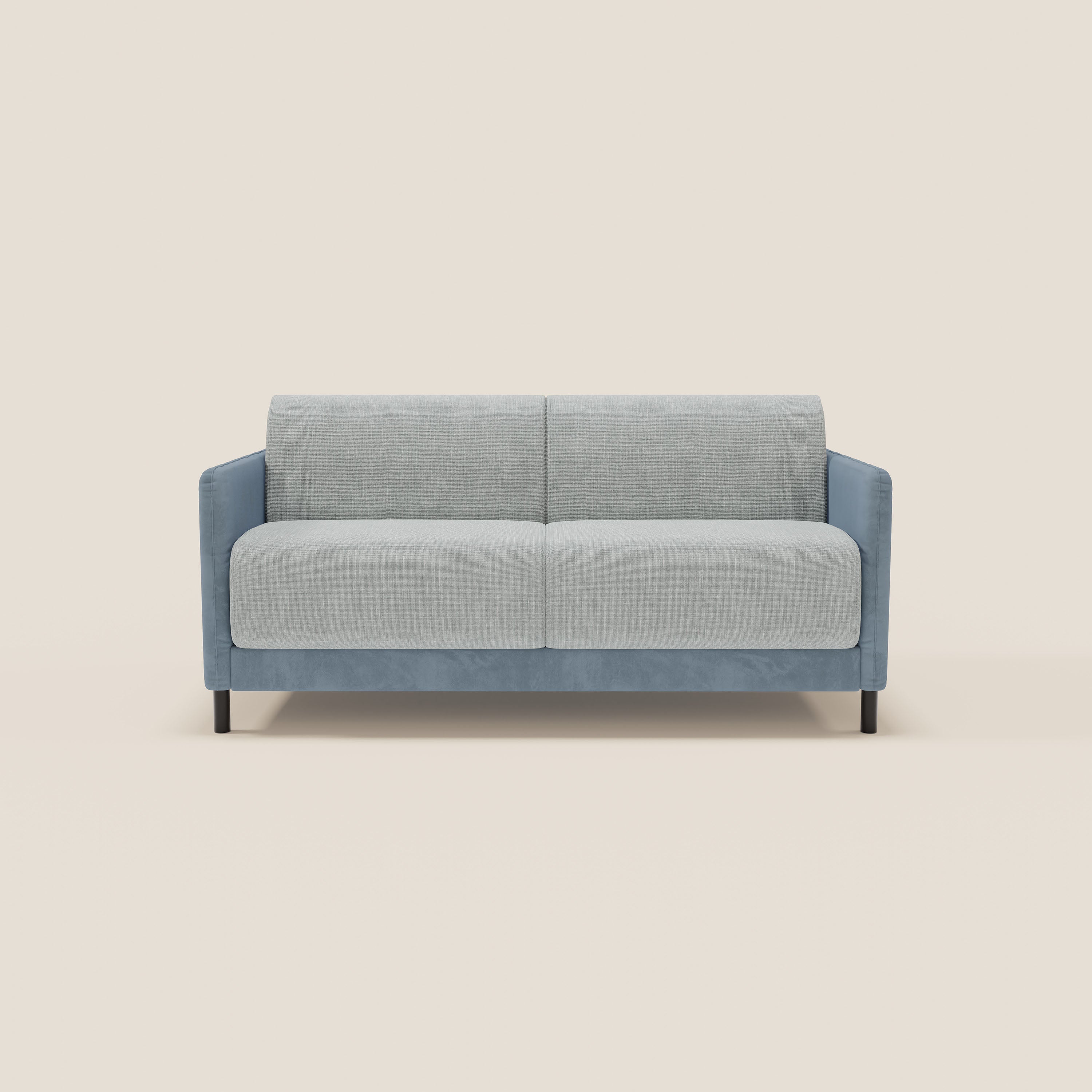 Il divano letto Narciso di Divani.Store è caratterizzato da una struttura in microfibra bicolore, materasso H18 cm e cuscini in carta da zucchero-ghiaccio T06 impermeabile. Con un meccanismo a ribalta, offre uno stile moderno e una facile trasformazione.