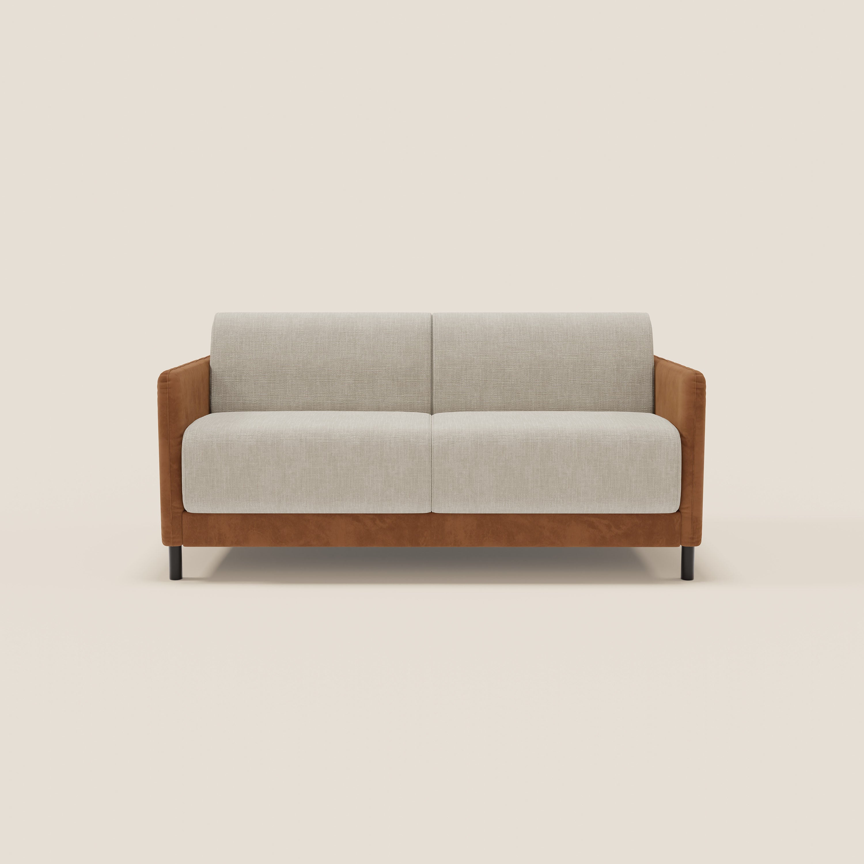 Il divano letto Narciso di Divani.Store è un moderno due posti con materasso H18 cm, design bicolore, struttura in microfibra antimacchia ed elegante tessuto impermeabile T06 cuoio-panna su sfondo beige.