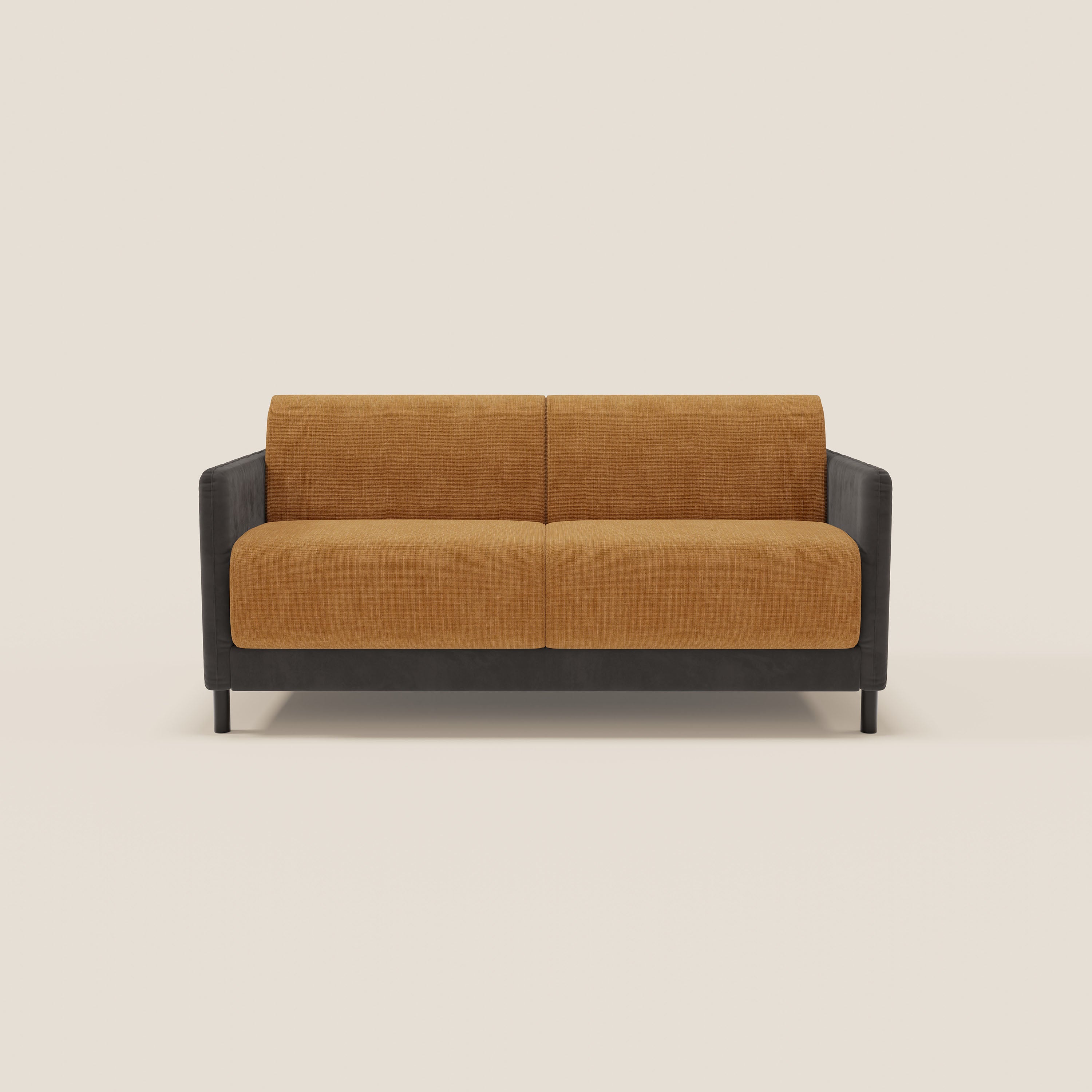 Il divano letto Narciso di Divani.Store è caratterizzato da un design bicolore con struttura in microfibra smacchiabile, eleganti cuscini, braccioli e gambe in nero-ocra T06 impermeabile e un comodo materasso H18 cm. Su uno sfondo beige chiaro.