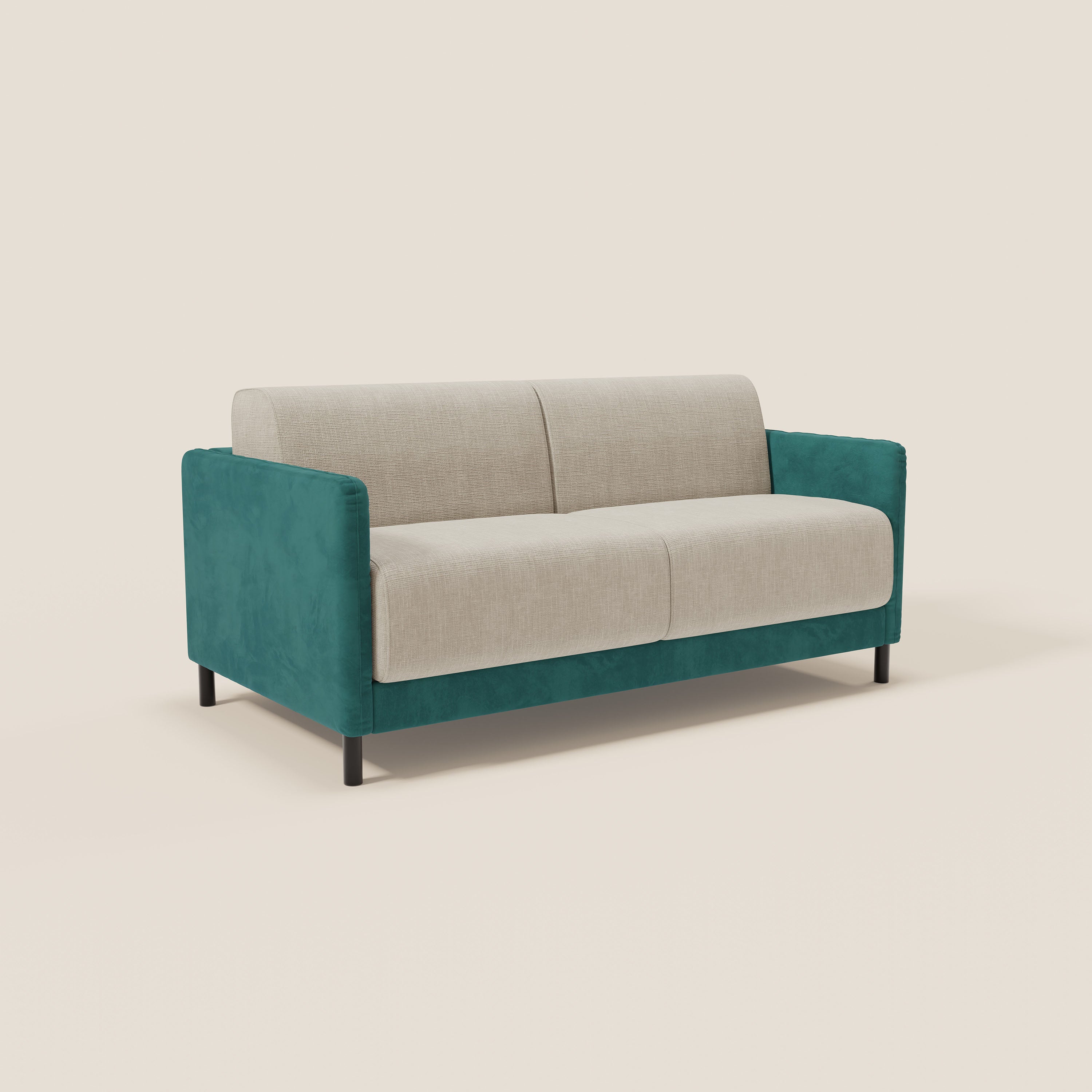 Il divano letto Narciso di Divani.Store è caratterizzato da un design bicolore con struttura in microfibra T06 petrolio (verde acqua) e cuscini impermeabili panna (beige), oltre a gambe in metallo nero, per un look moderno e minimalista con un forte contrasto.