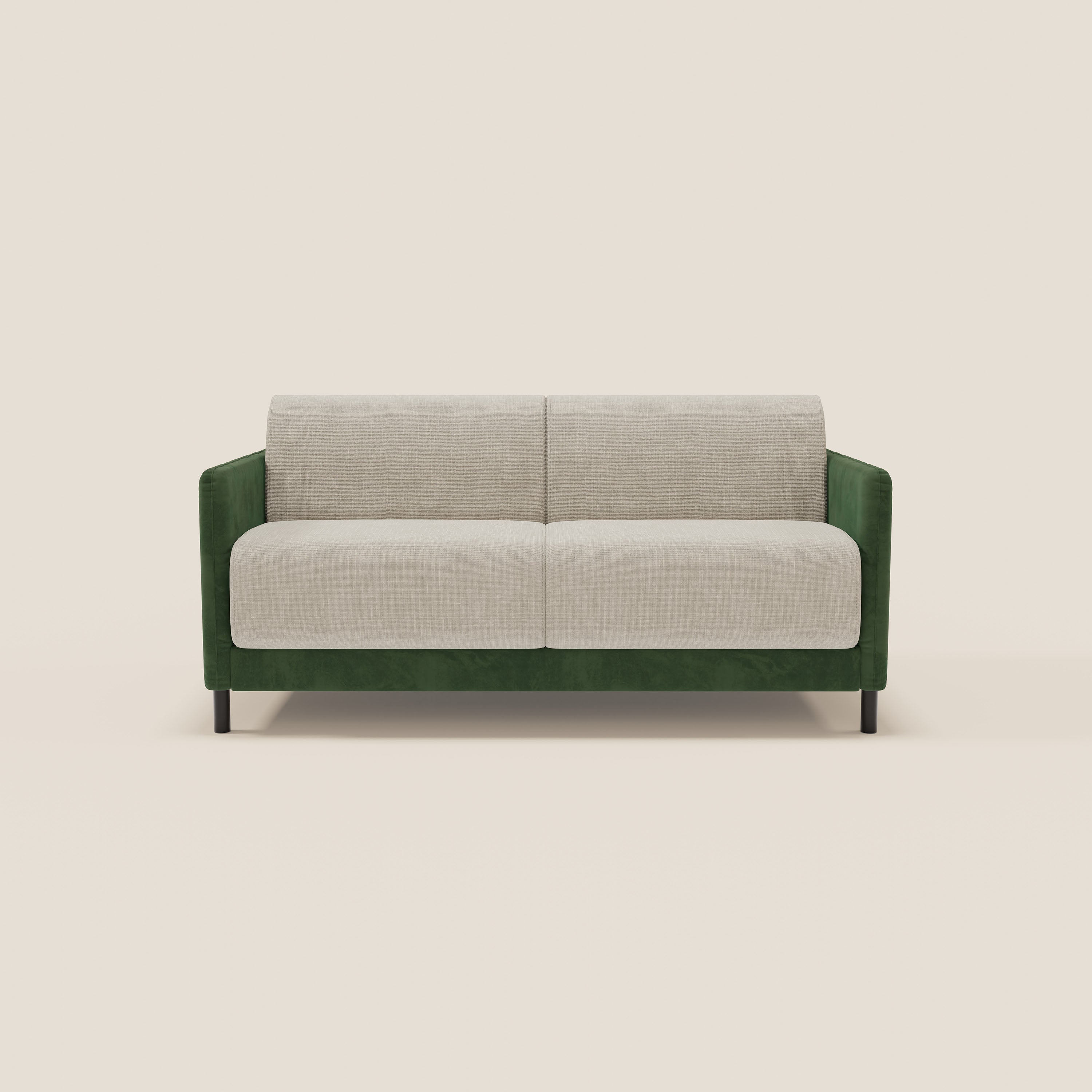 Il divano letto Narciso di Divani.Store è un moderno divano a due posti con struttura in microfibra verde, cuscini impermeabili beige chiaro, gambe sottili nere e meccanismo a ribalta. È dotato di un materasso da 18 cm per un maggiore comfort.