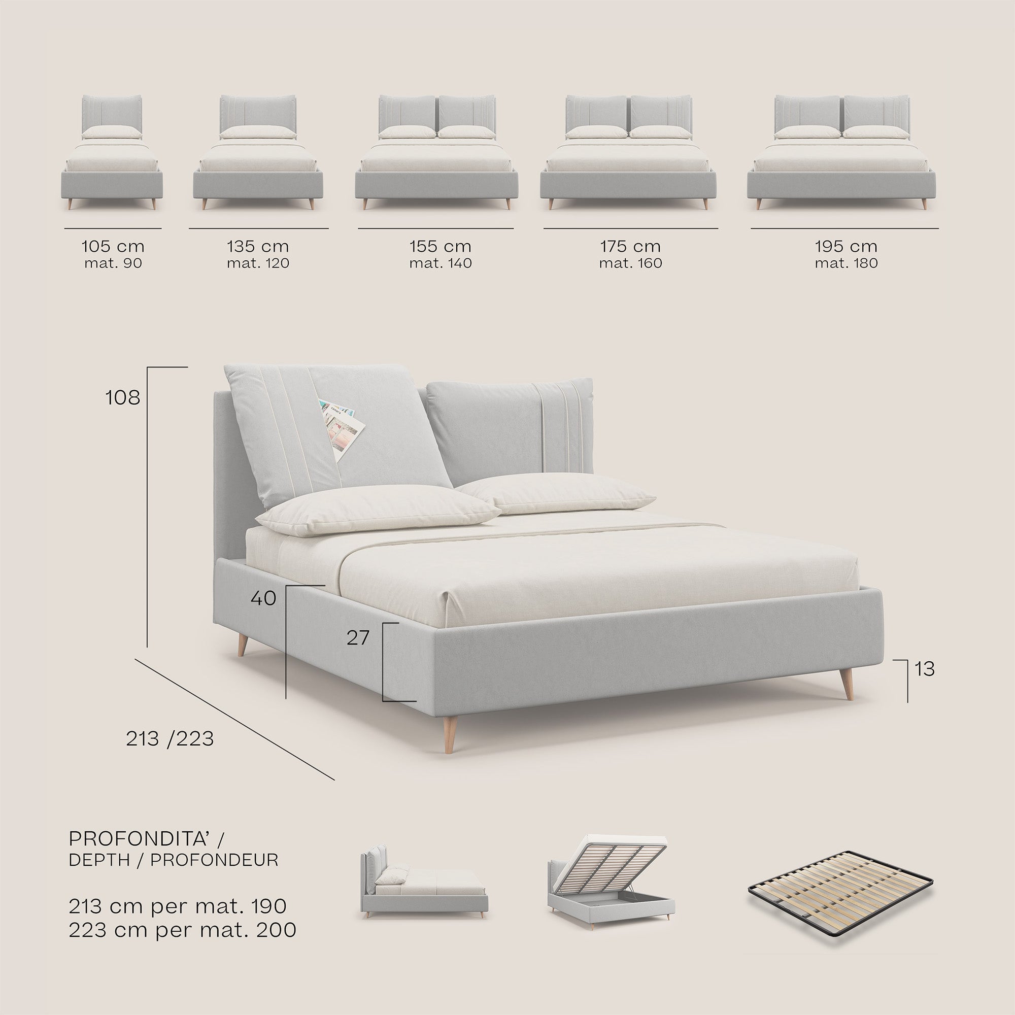 Nathan letto contenitore con cuscini regolabili con tasche in microfibra velluto impermeabile T09 salmone - divani.store