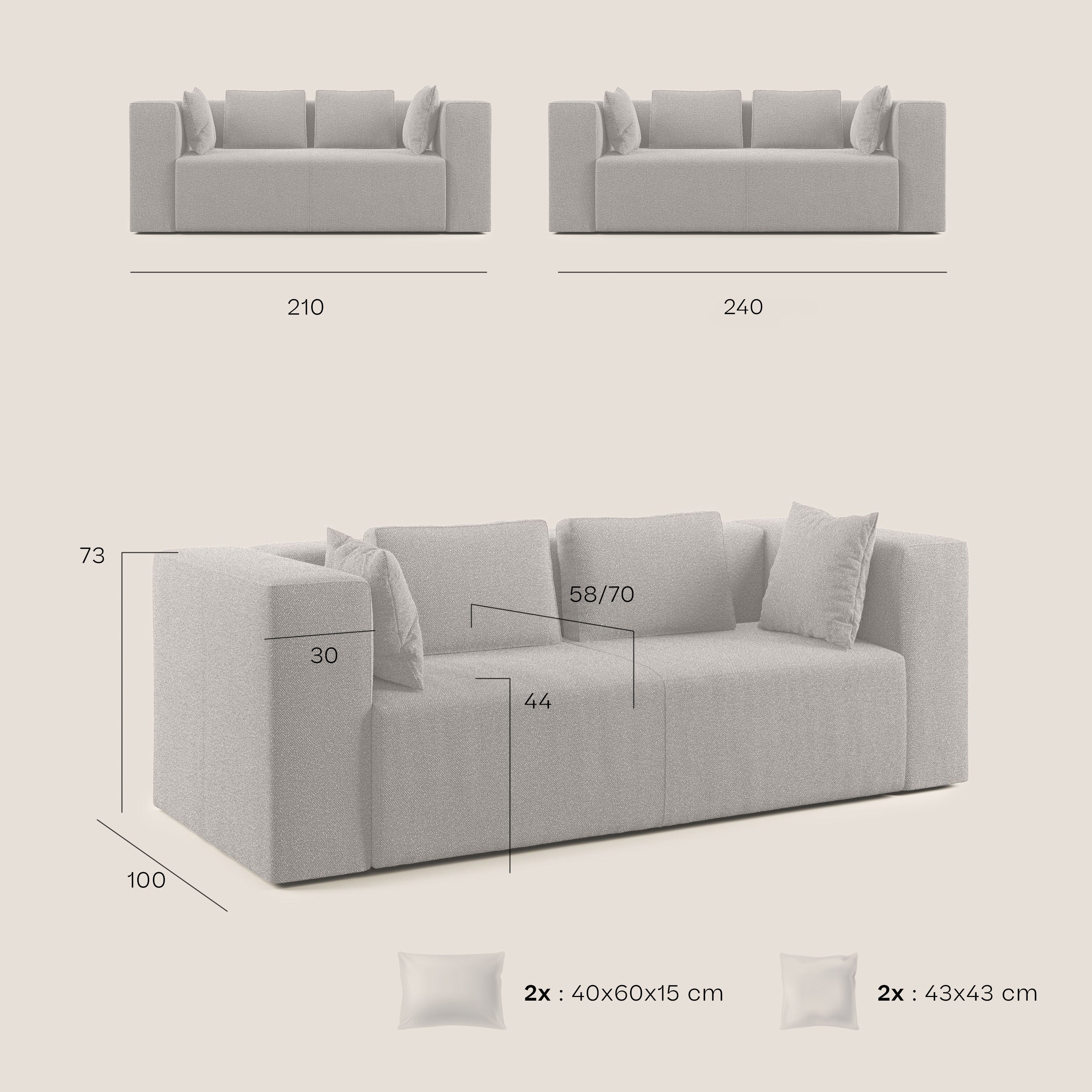 Nettuno divano moderno componibile in morbido tessuto bouclè T07 grigio - divani.store