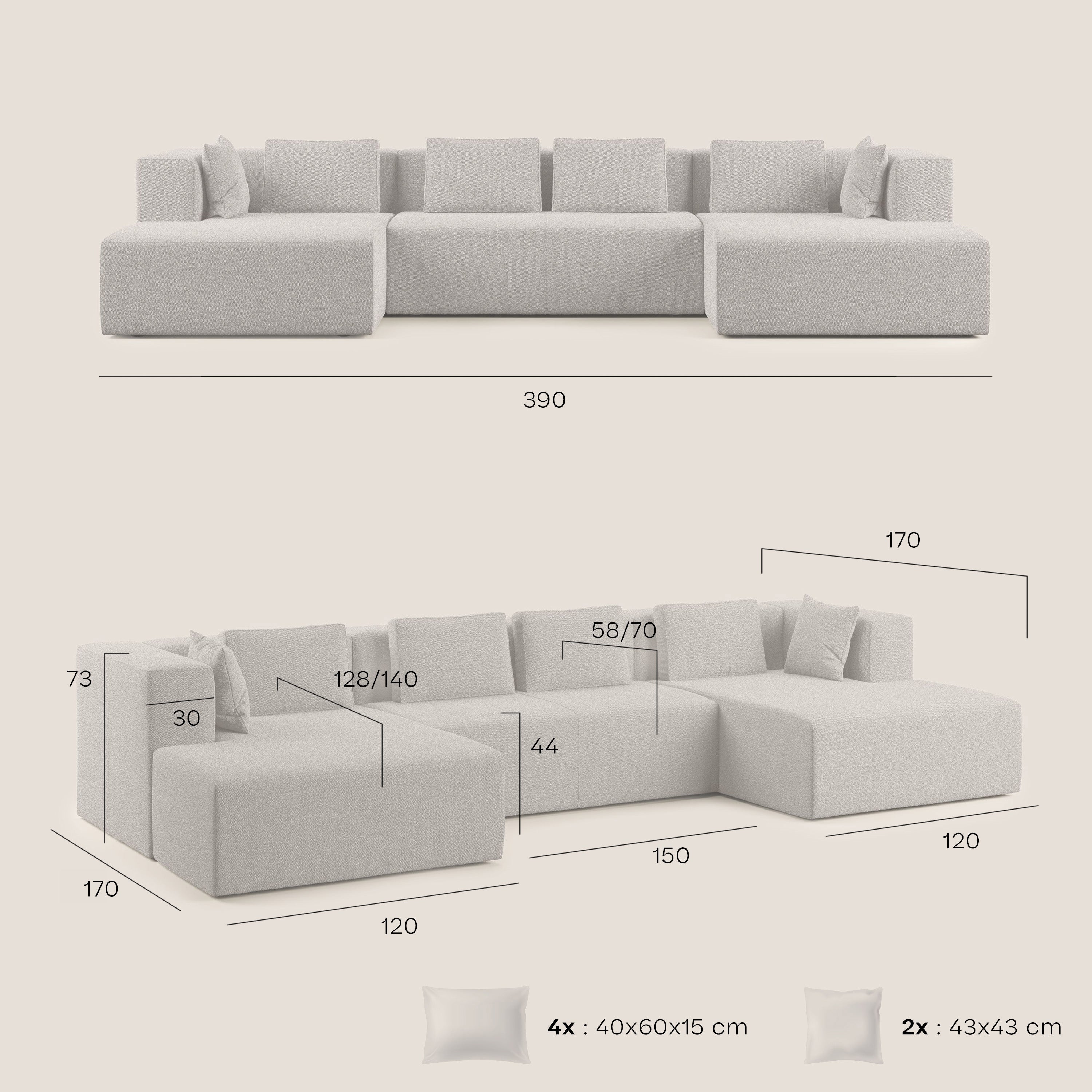 Nettuno divano panoramico in morbido tessuto bouclè T07 blu - divani.store