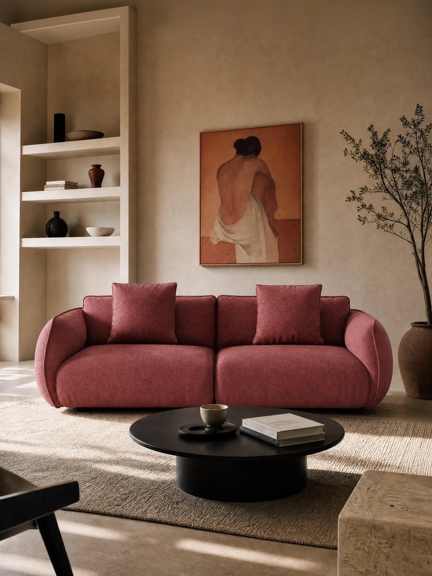 Soggiorno moderno arredato con il divano modulare e componibile Nimbus a 3 posti da 250 cm di Divani.Store, un divano dalle linee curve color rosa antico rivestito in tessuto sfoderabile effetto cotone antimacchia (t33), due cuscini coordinati, un tavolino rotondo nero su cui sono disposti libri e una tazza, pareti dai toni neutri, una grande pianta in vaso, mensole a muro su cui sono esposti oggetti in ceramica e un quadro incorniciato raffigurante una donna seduta di spalle.