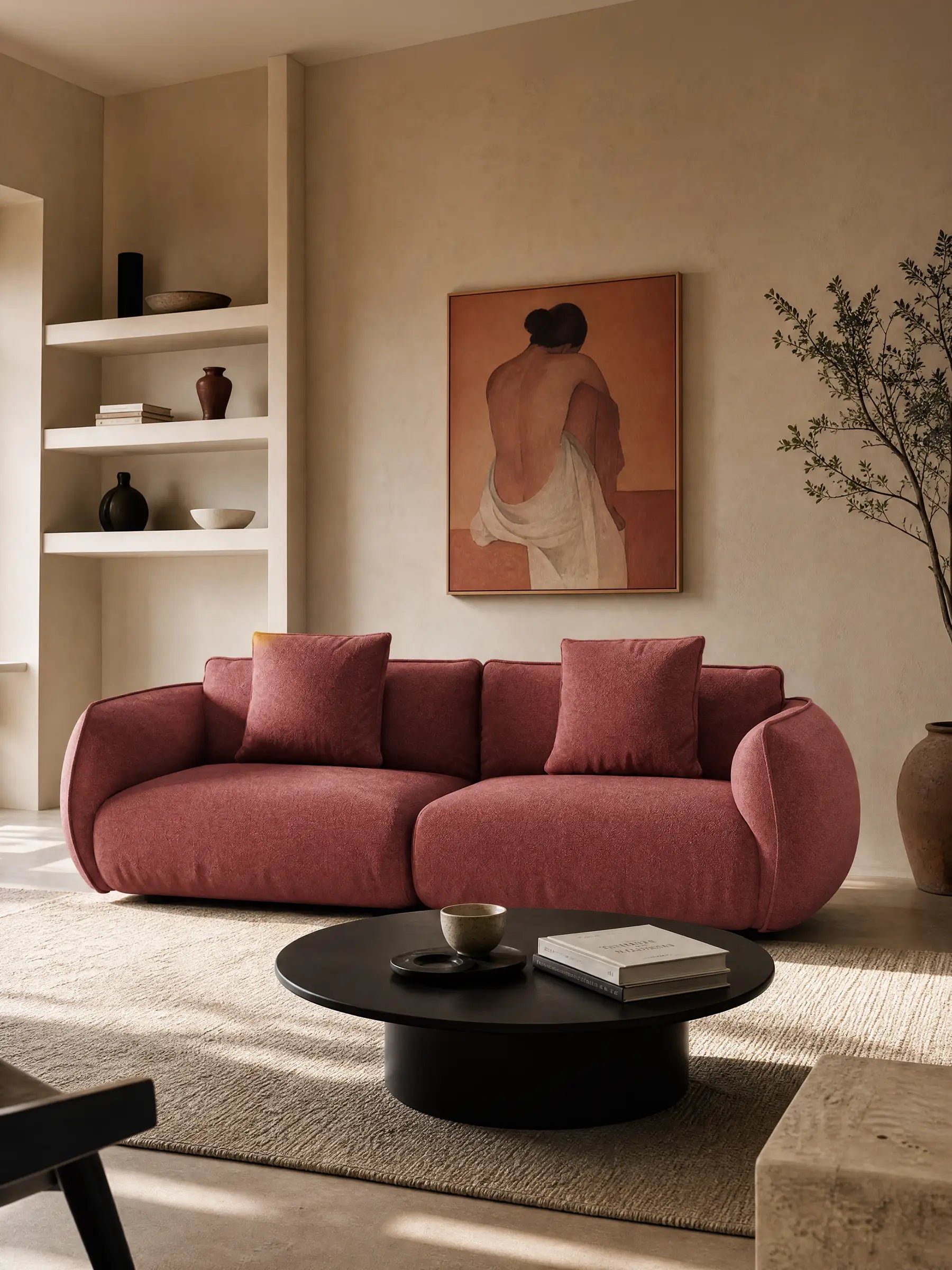 Un soggiorno moderno con il divano rosso Nimbus 3 posti modulare e componibile di Divani.Store, cuscini coordinati, tavolino nero rotondo con ciotole, pareti beige, mensole a muro con vasi, un albero di ulivo e un ritratto di donna in bianco.
