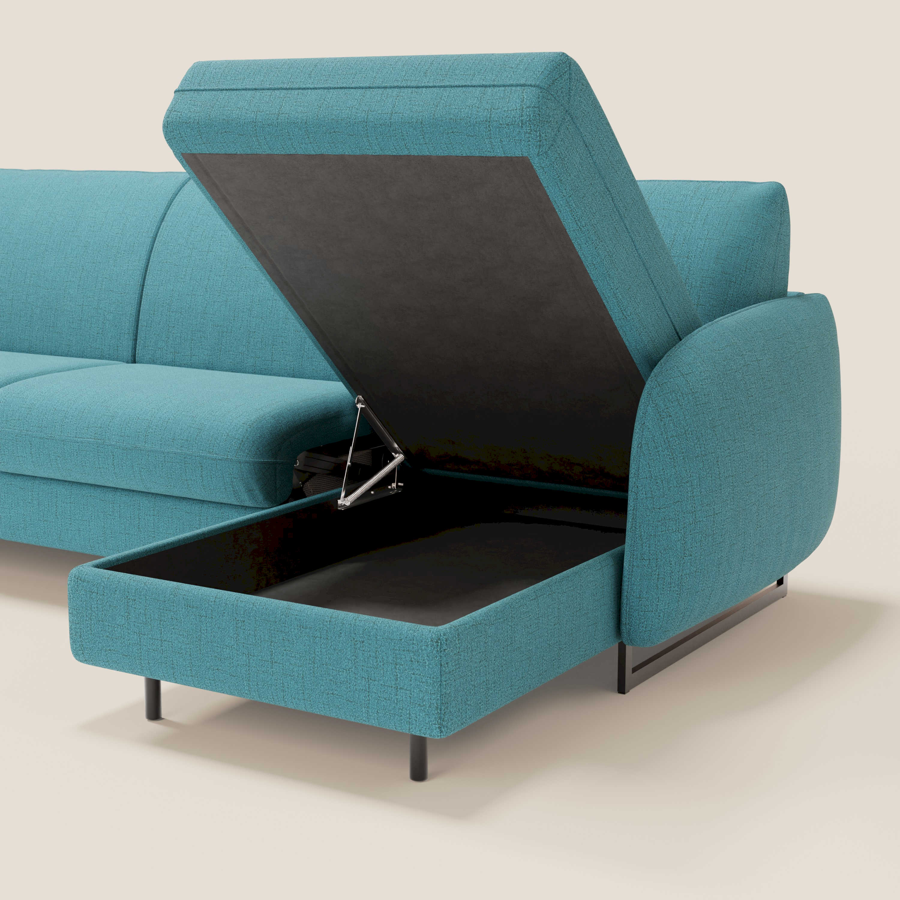 Ninfea Divano Letto Angolare con Penisola Contenitore e Materasso H18 cm - piedini in metallo e Tessuto impermeabile T03 - divani.store