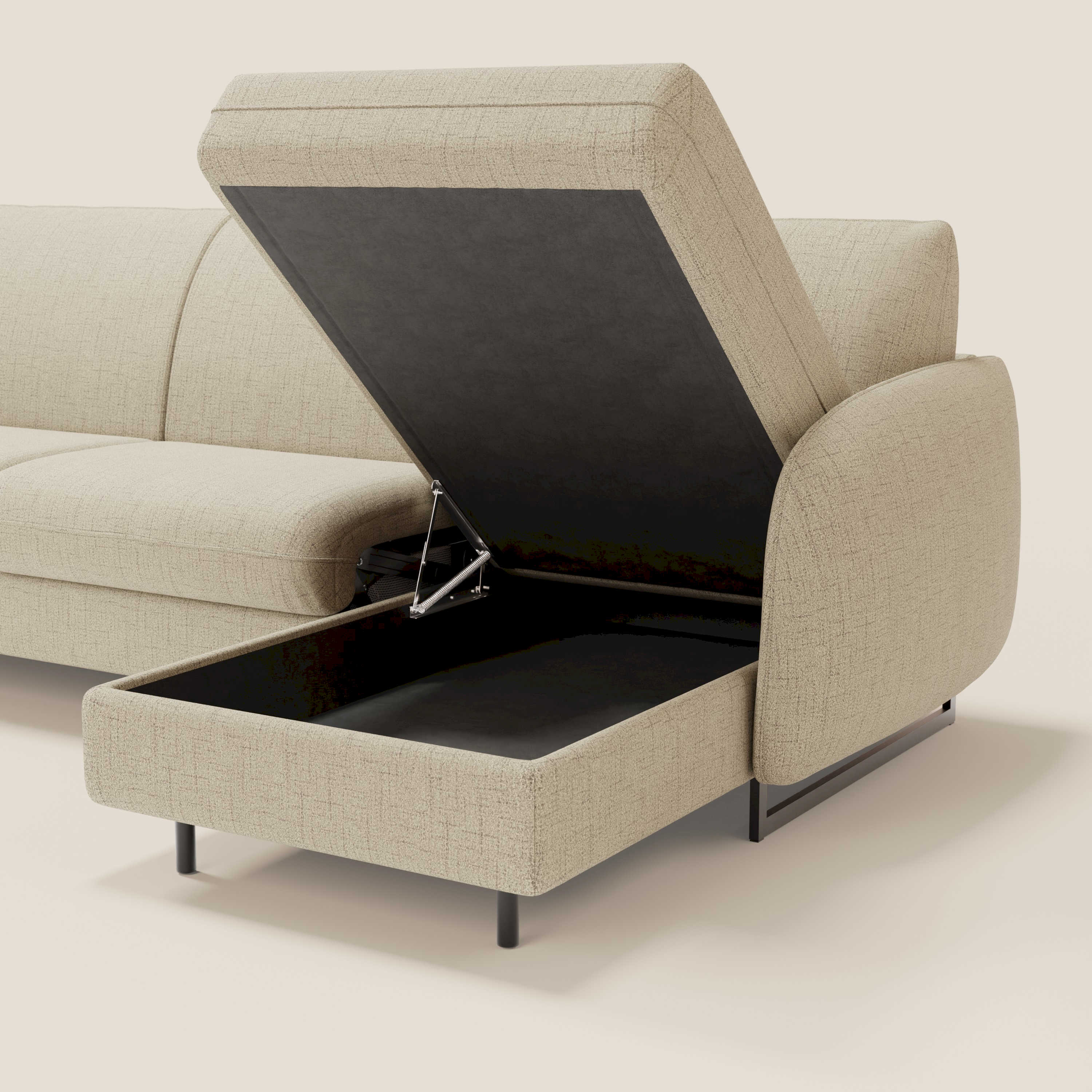 Ninfea Divano Letto Angolare con Penisola Contenitore e Materasso H18 cm - piedini in metallo e Tessuto impermeabile T03 - divani.store