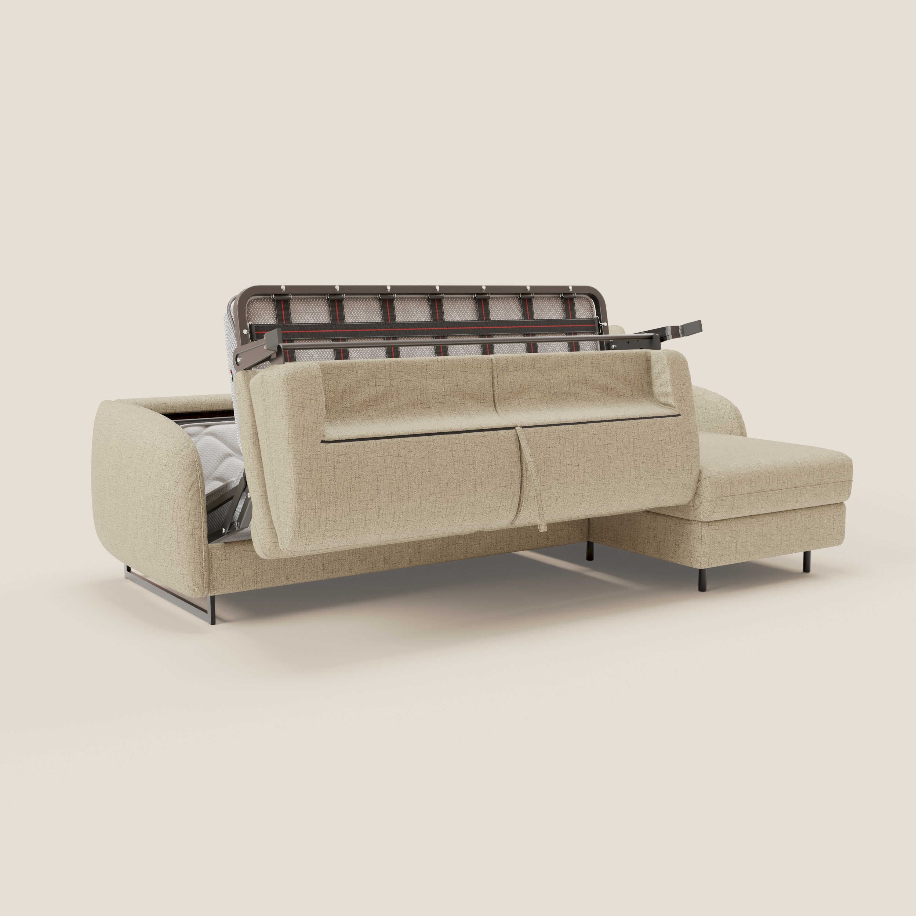 Ninfea Divano Letto Angolare con Penisola Contenitore e Materasso H18 cm - piedini in metallo e Tessuto impermeabile T03 - divani.store