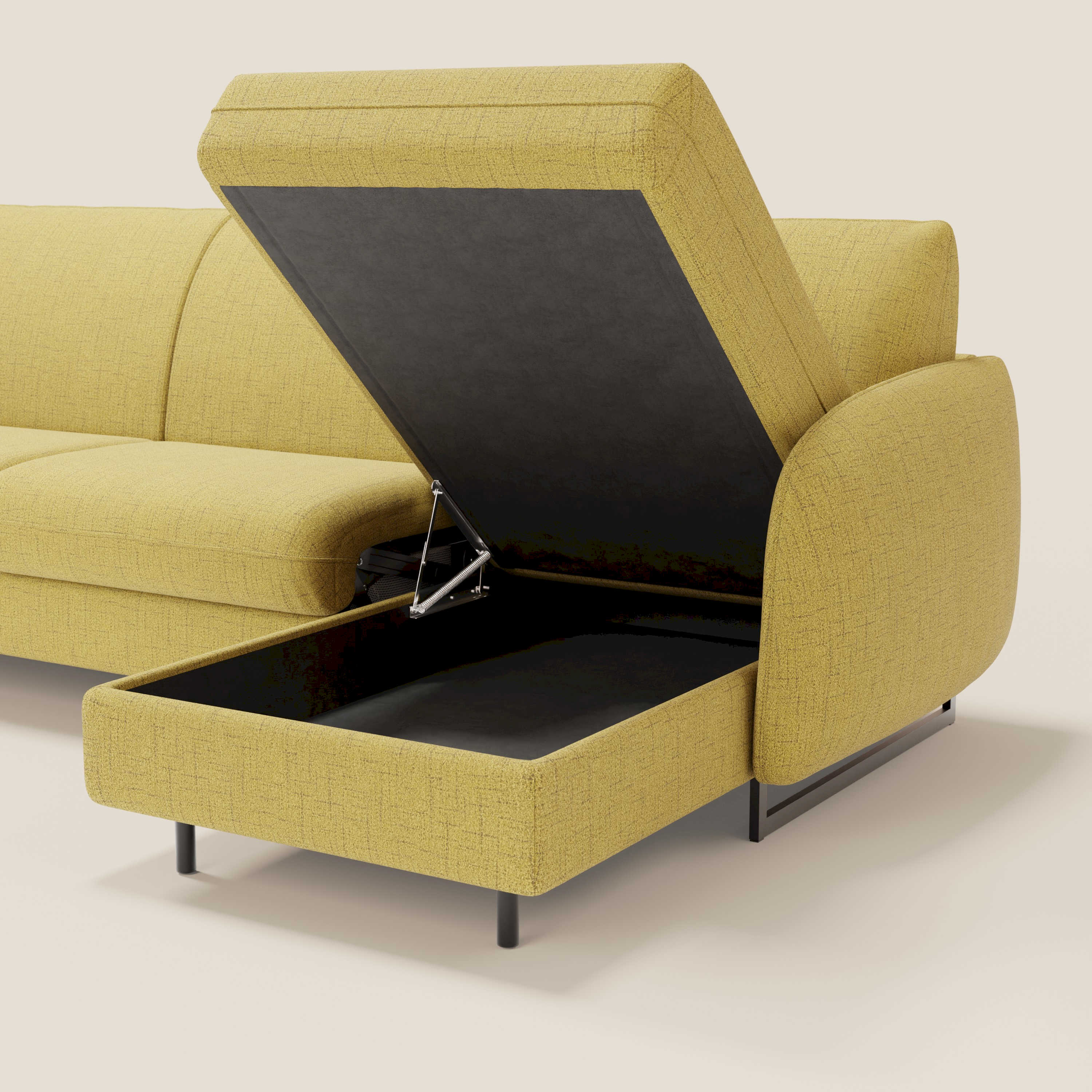 Ninfea Divano Letto Angolare con Penisola Contenitore e Materasso H18 cm - piedini in metallo e Tessuto impermeabile T03 - divani.store