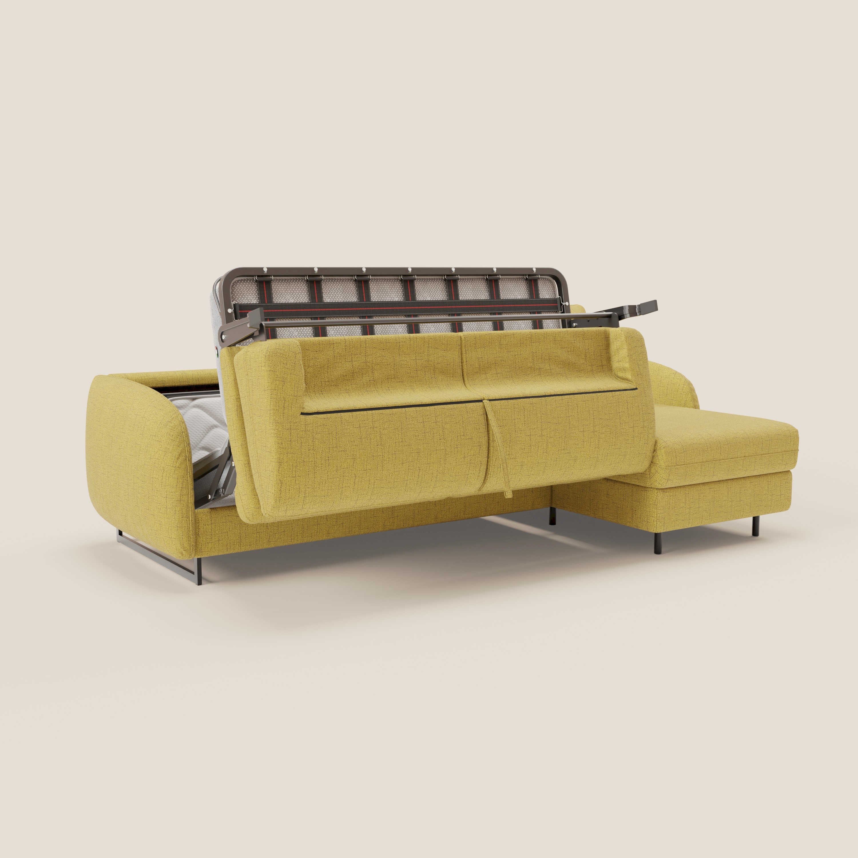 Ninfea Divano Letto Angolare con Penisola Contenitore e Materasso H18 cm - piedini in metallo e Tessuto impermeabile T03 - divani.store