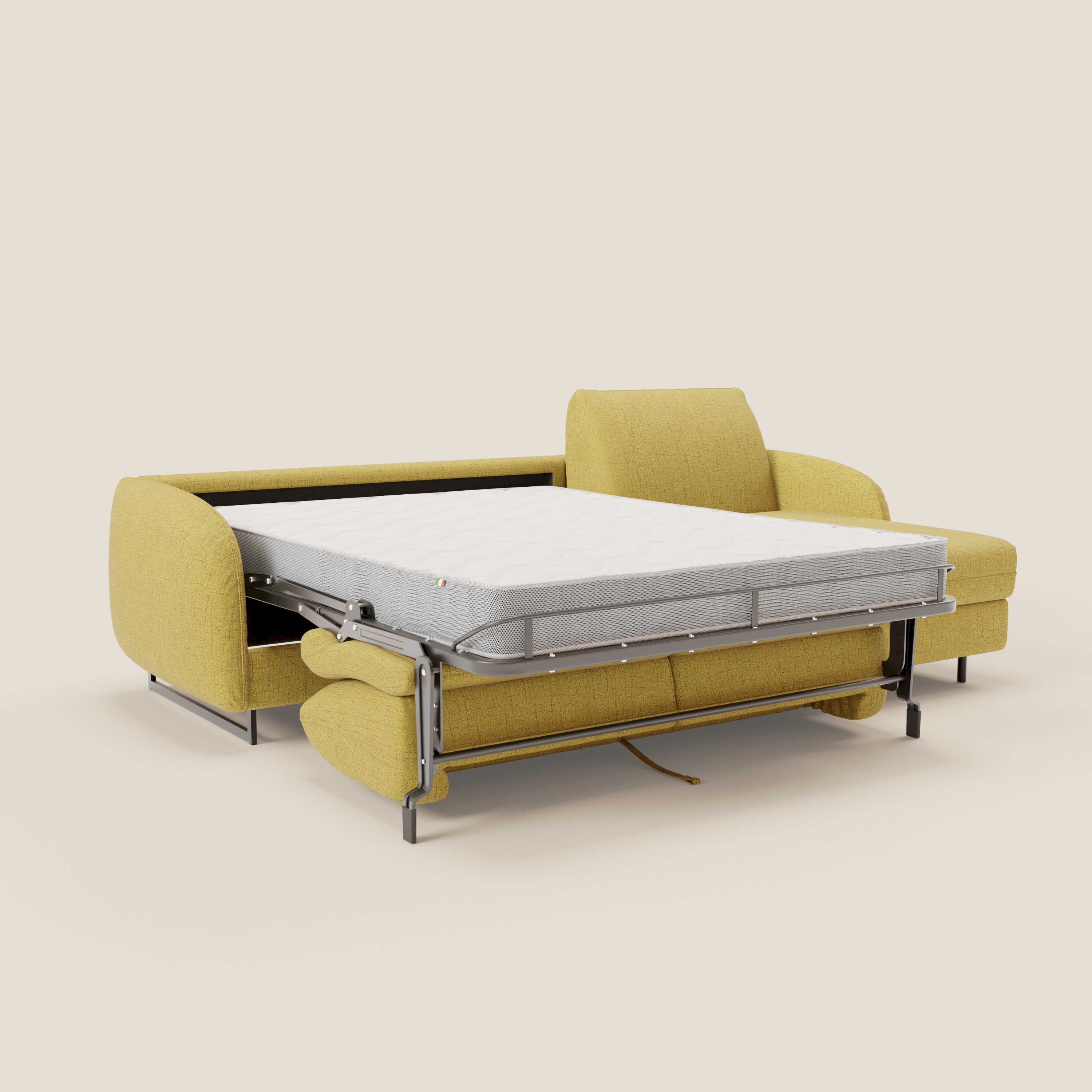 Ninfea Divano Letto Angolare con Penisola Contenitore e Materasso H18 cm - piedini in metallo e Tessuto impermeabile T03 - divani.store