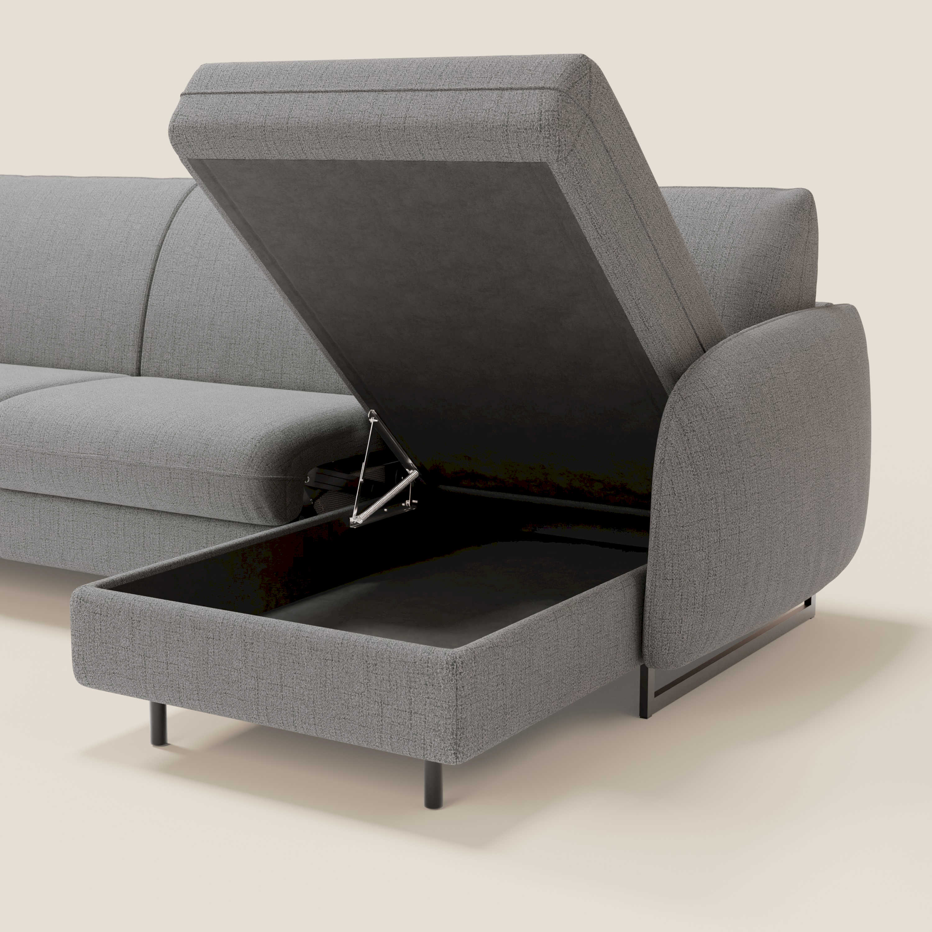 Ninfea Divano Letto Angolare con Penisola Contenitore e Materasso H18 cm - piedini in metallo e Tessuto impermeabile T03 - divani.store