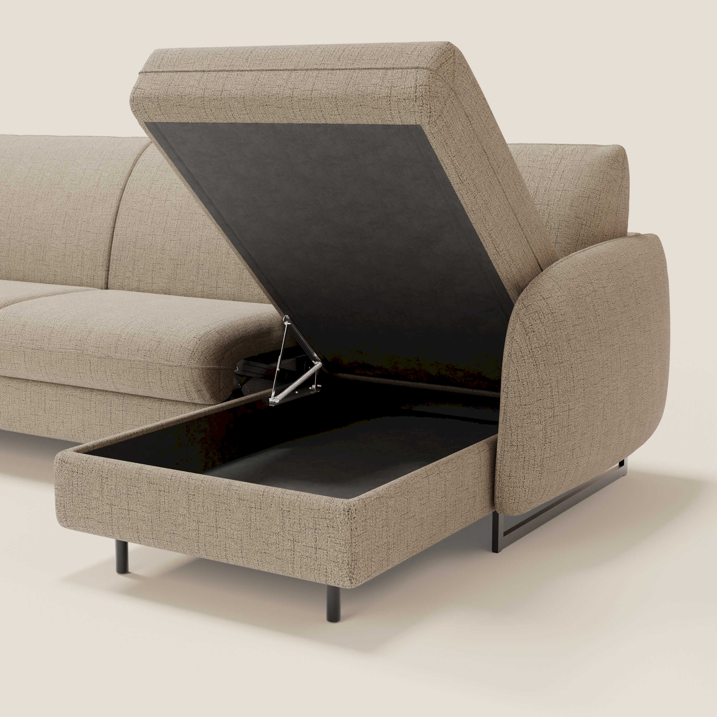 Ninfea Divano Letto Angolare con Penisola Contenitore e Materasso H18 cm - piedini in metallo e Tessuto impermeabile T03 - divani.store