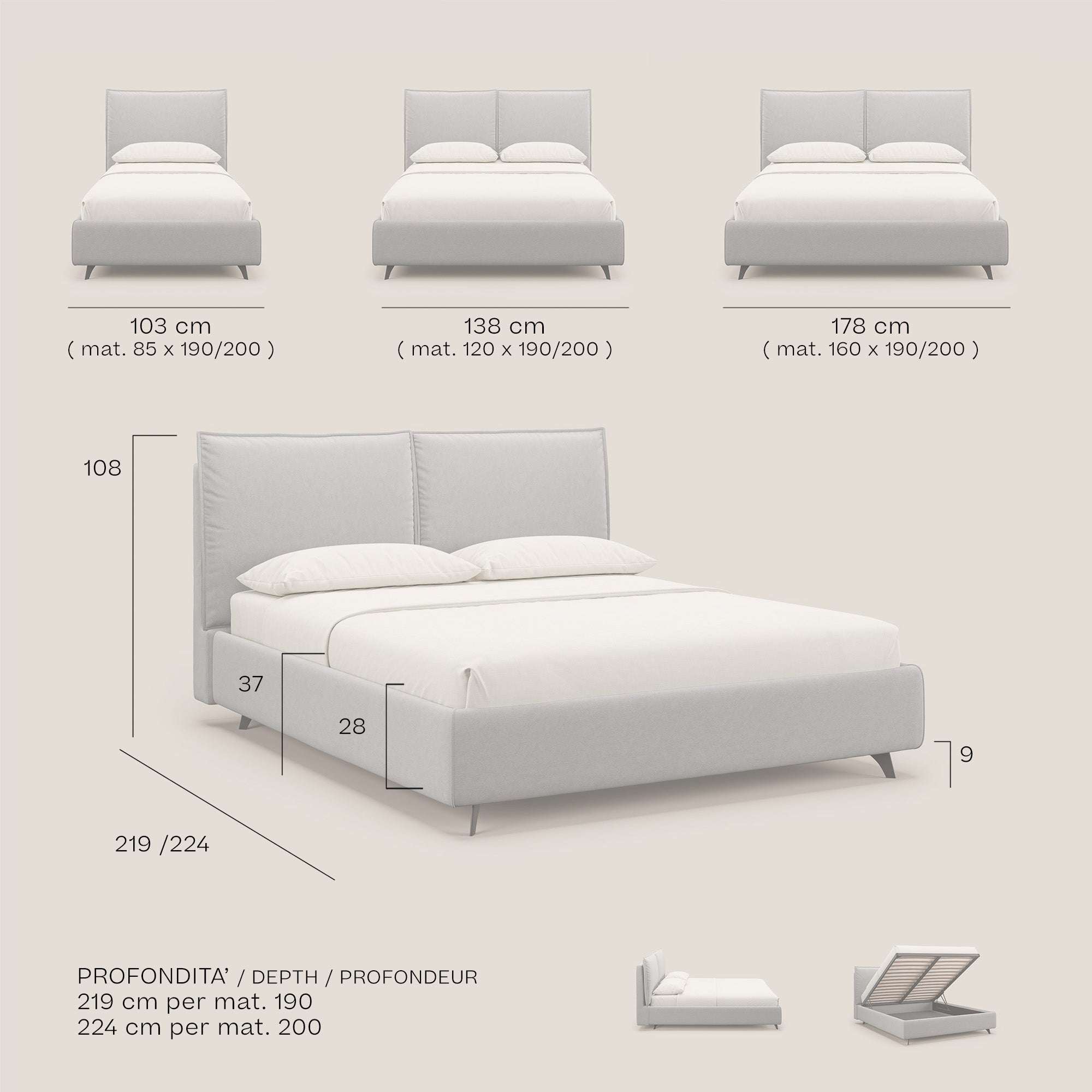 Nives letto imbottito contenitore sfoderabile in microfibra velluto impermeabile T09 beige - divani.store