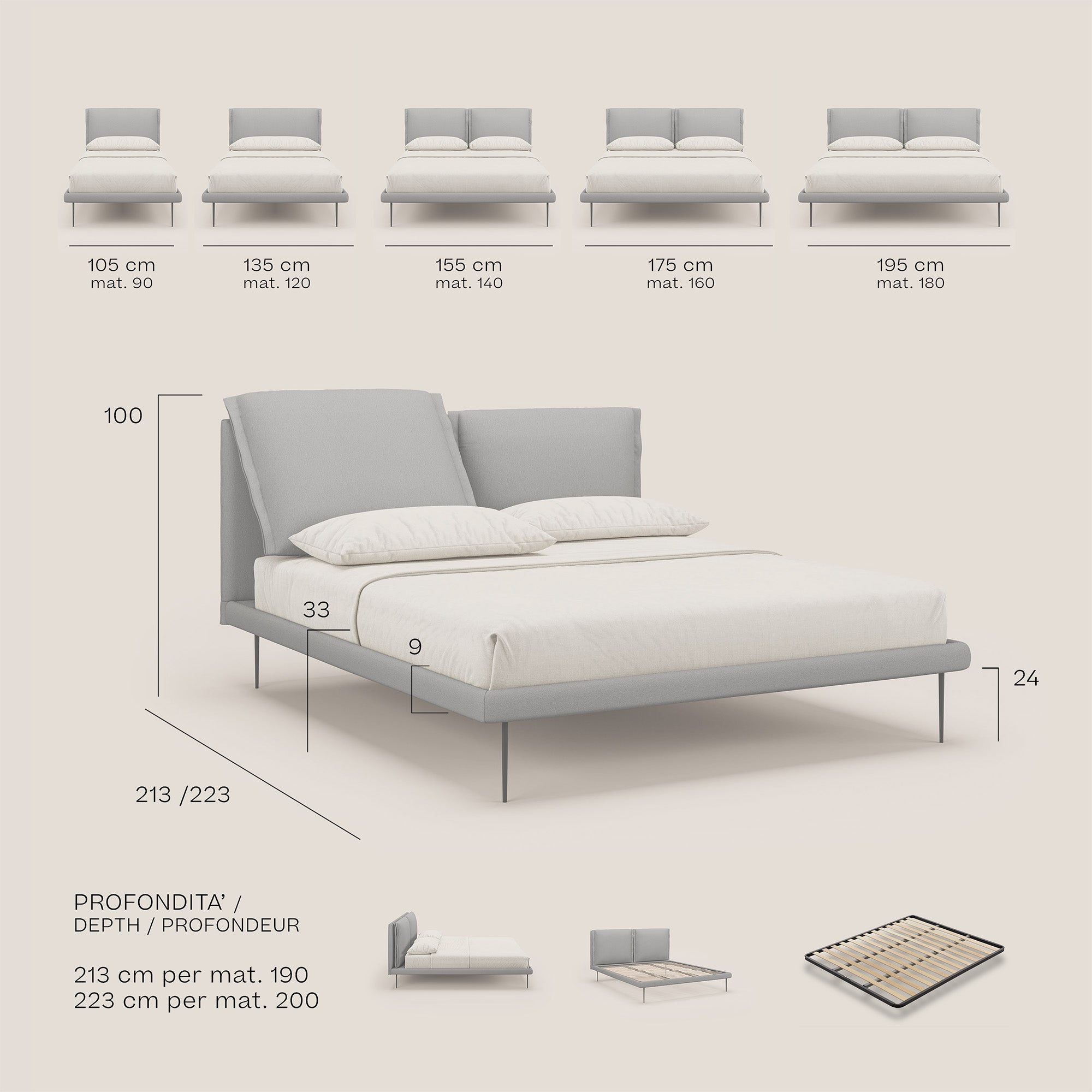 Noah letto con cuscini regolabili e piedi alti in metallo in tessuto smacchiabile T05 marrone - divani.store