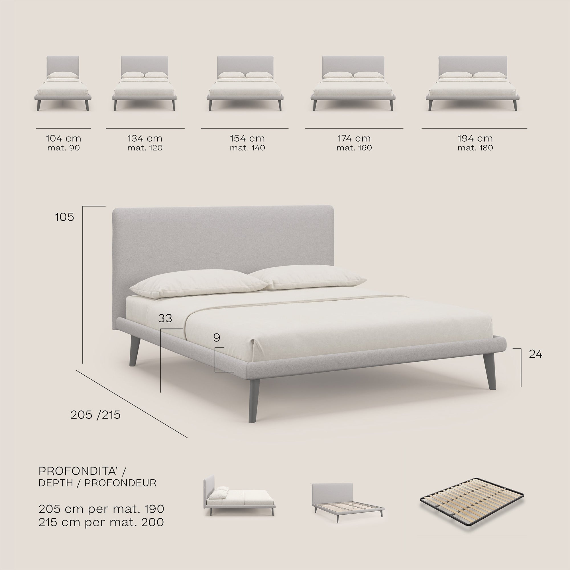 Noel letto minimal scandinavo con piedi in mogano e tessuto fiammato impermeabile T19 carta da zucchero - divani.store