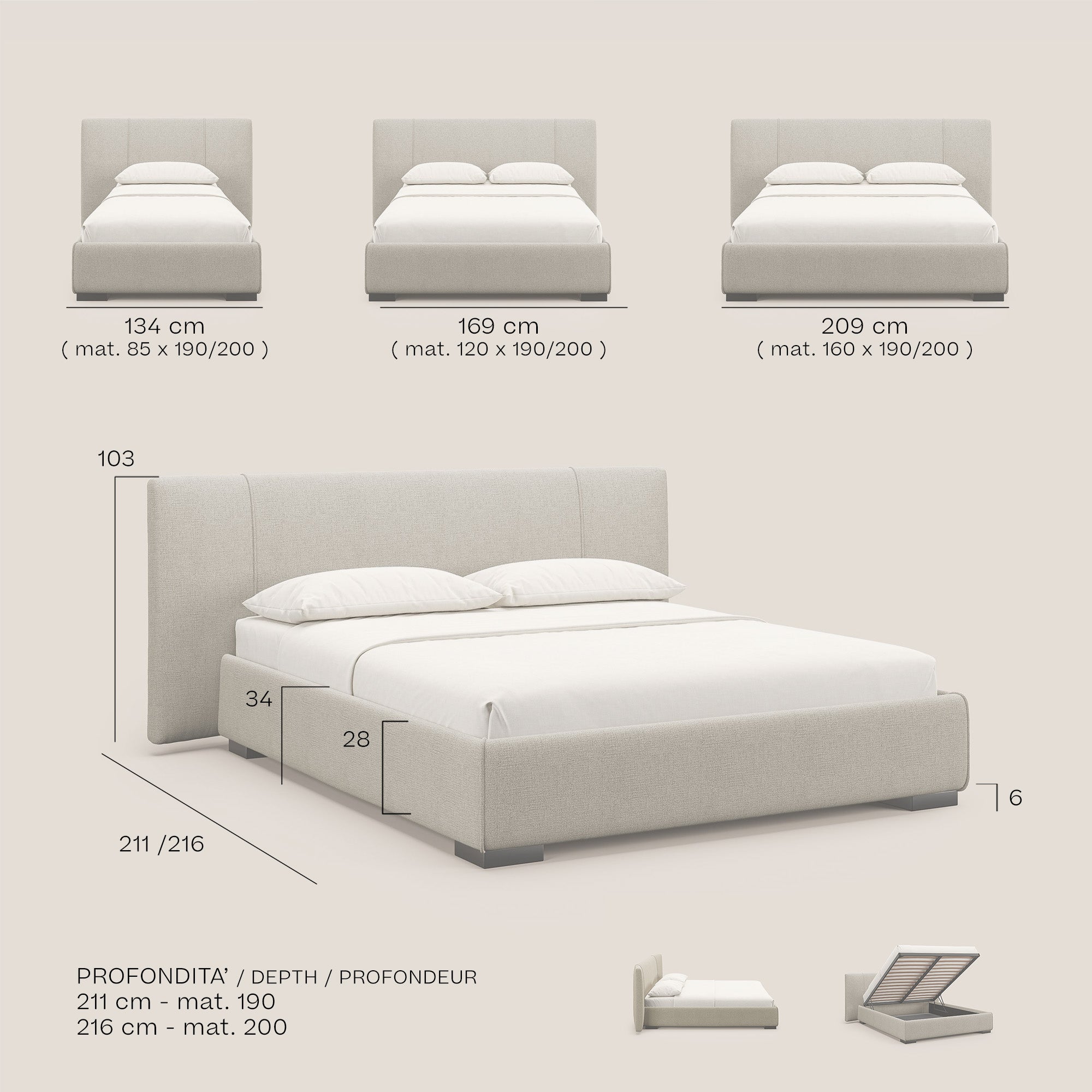 Omero letto imbottito contenitore sfoderabile in tessuto fiammato impermeabile T14 - divani.store