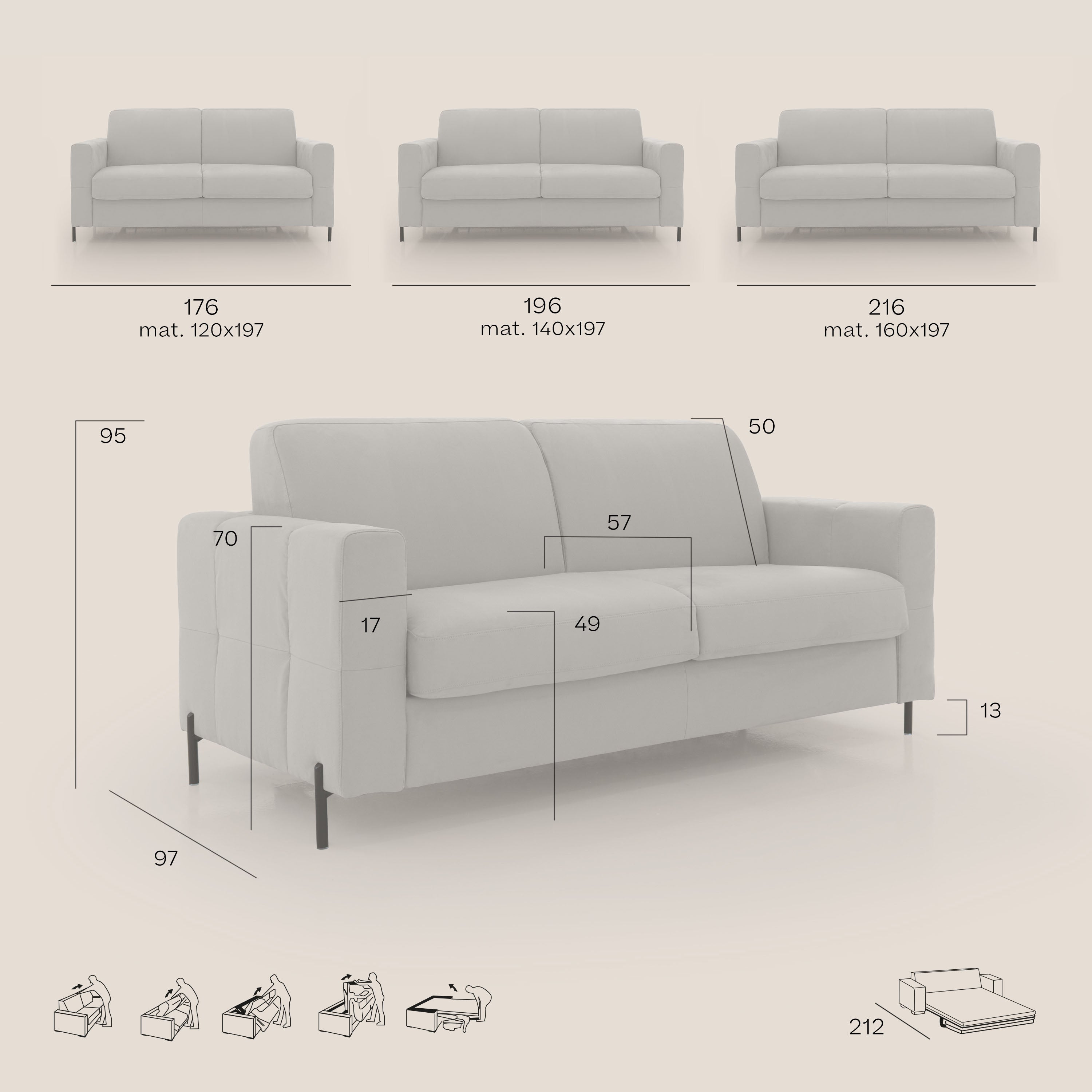 Ortensia divano letto materasso H18 cm con piedi alti in elegante microfibra smacchiabile T11 carta da zucchero - divani.store