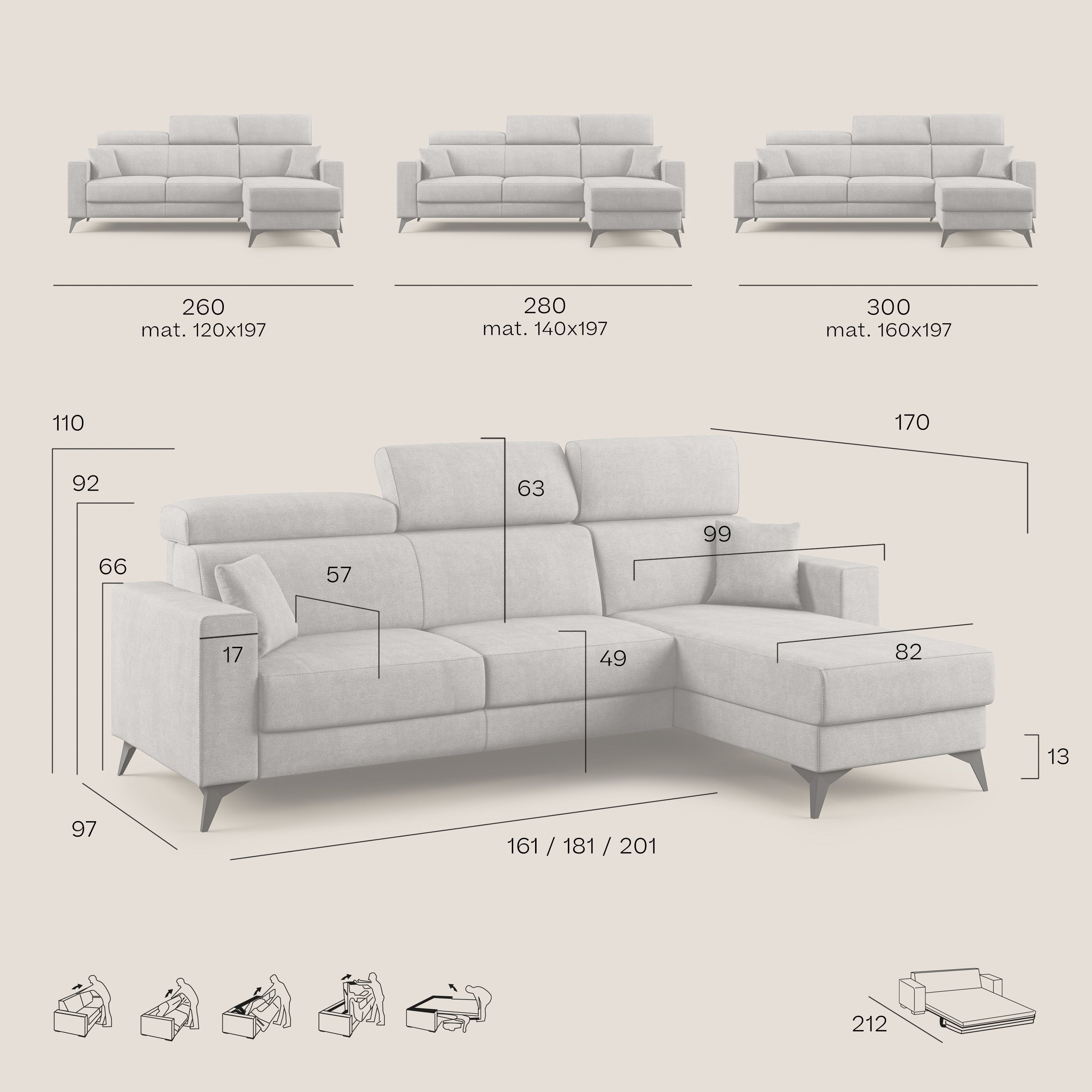 Pegaso divano letto angolare con poggiatesta reclinabili e rivestimento impermeabile T02 grigio chiaro - divani.store