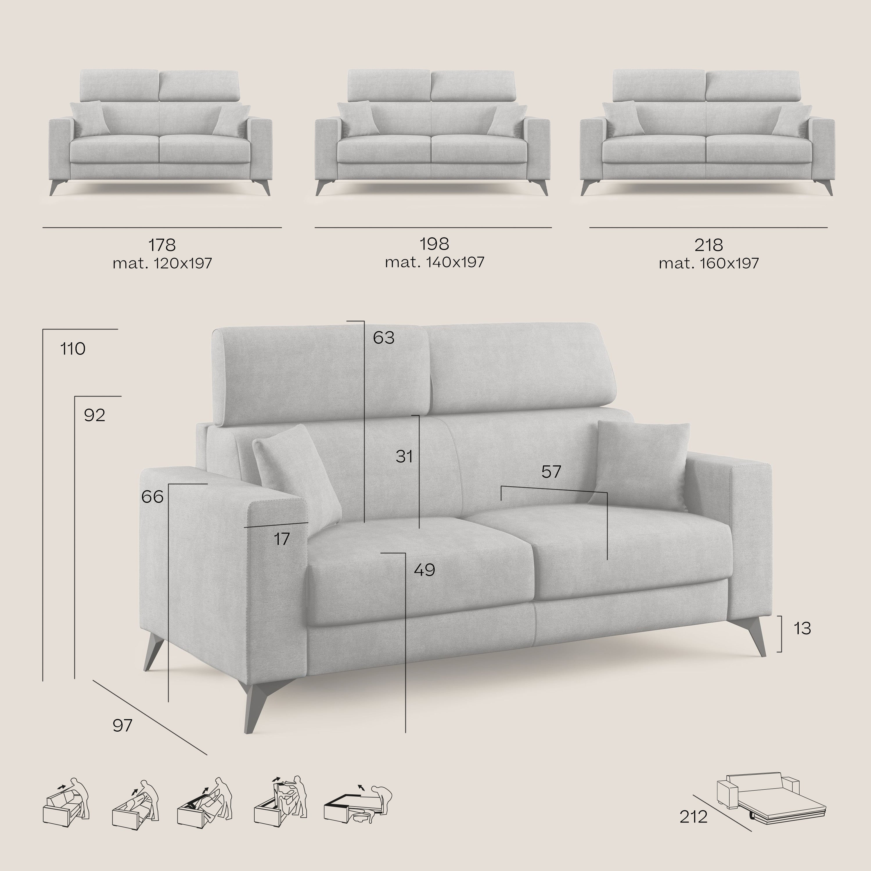 Pegaso divano letto con poggiatesta reclinabili e rivestimento T02 rosso - divani.store