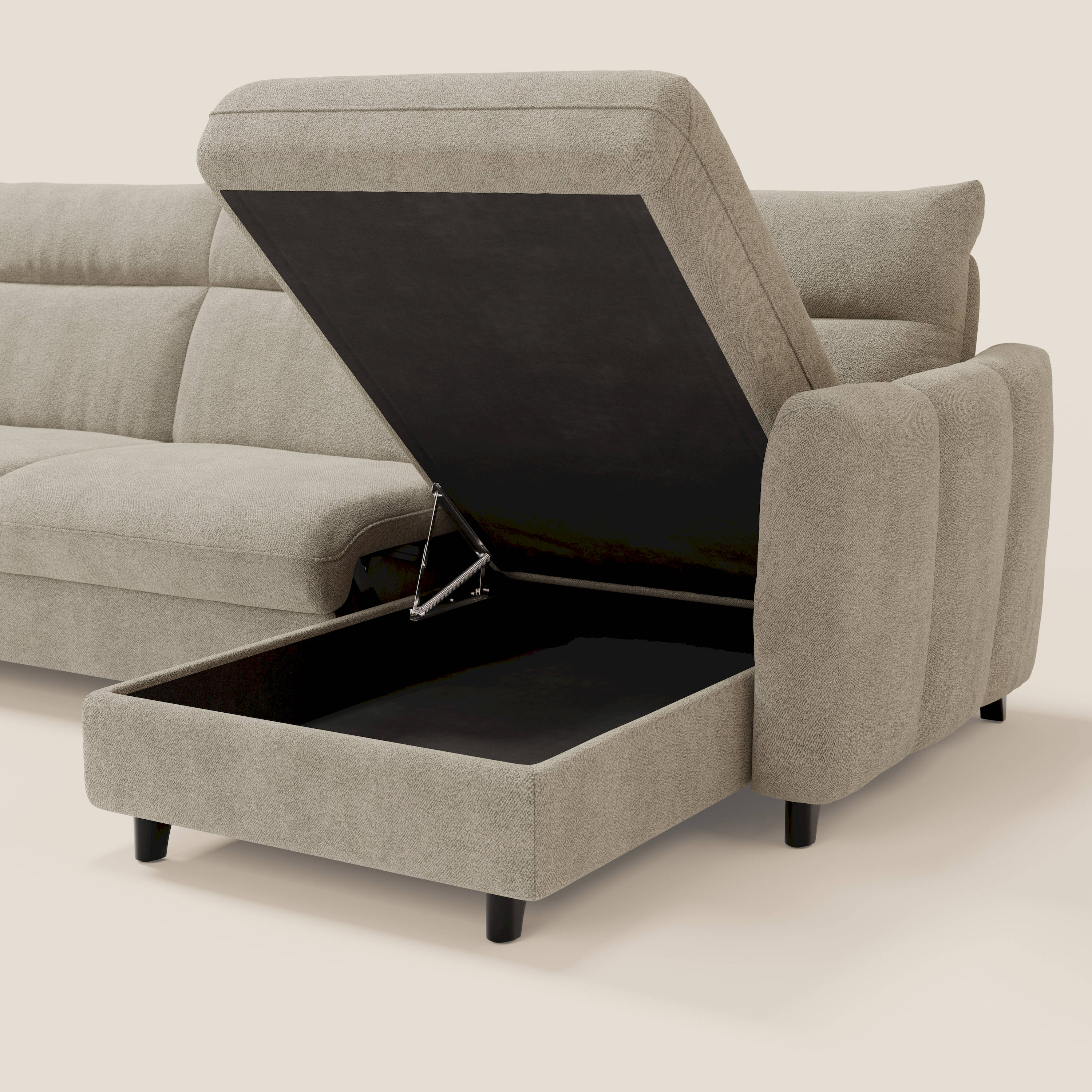 Peonia divano letto angolare con Penisola Contenitore - Materasso H18 cm in Bouclé Impermeabile T07 - divani.store