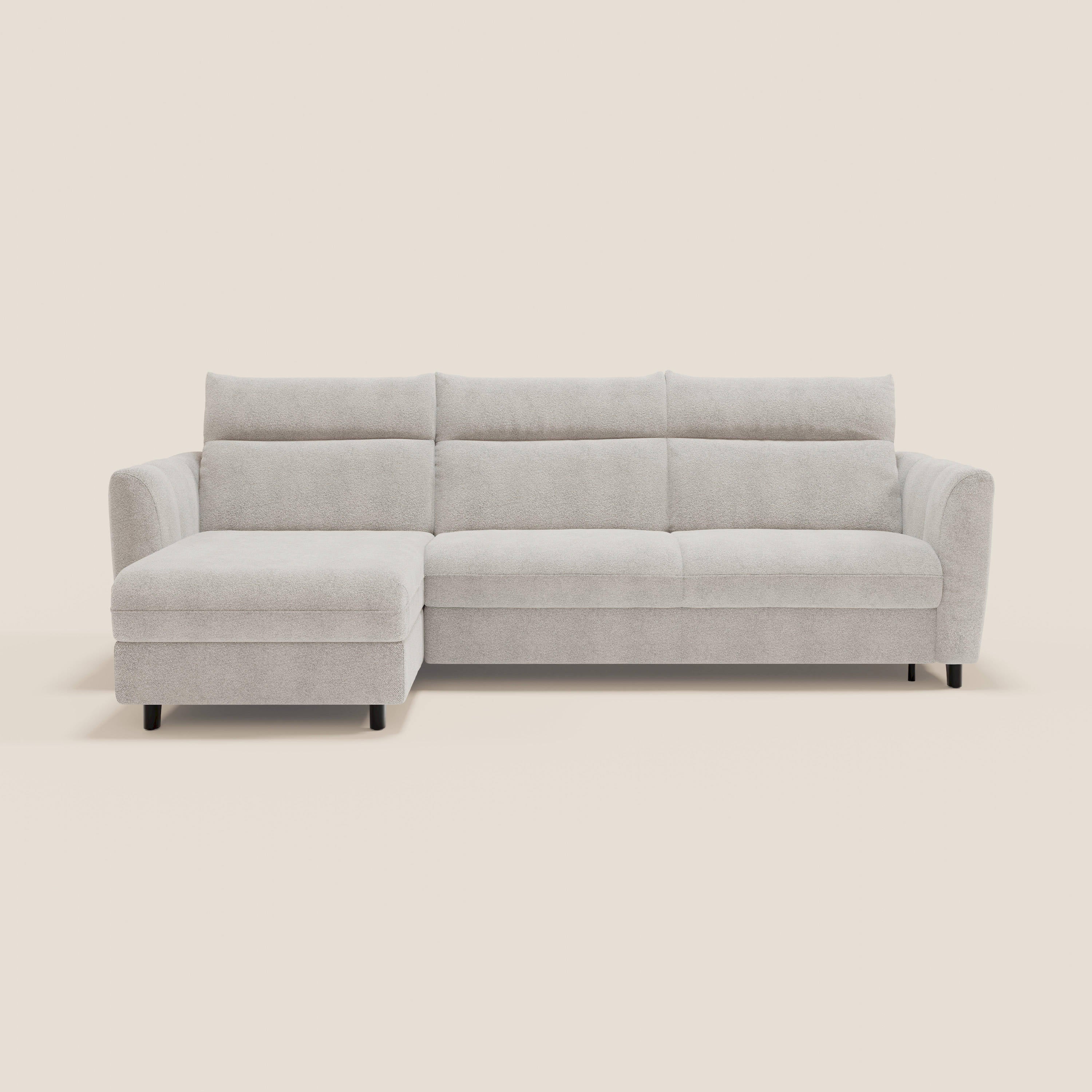 Peonia divano letto angolare con Penisola Contenitore - Materasso H18 cm in Bouclé Impermeabile T07 - divani.store