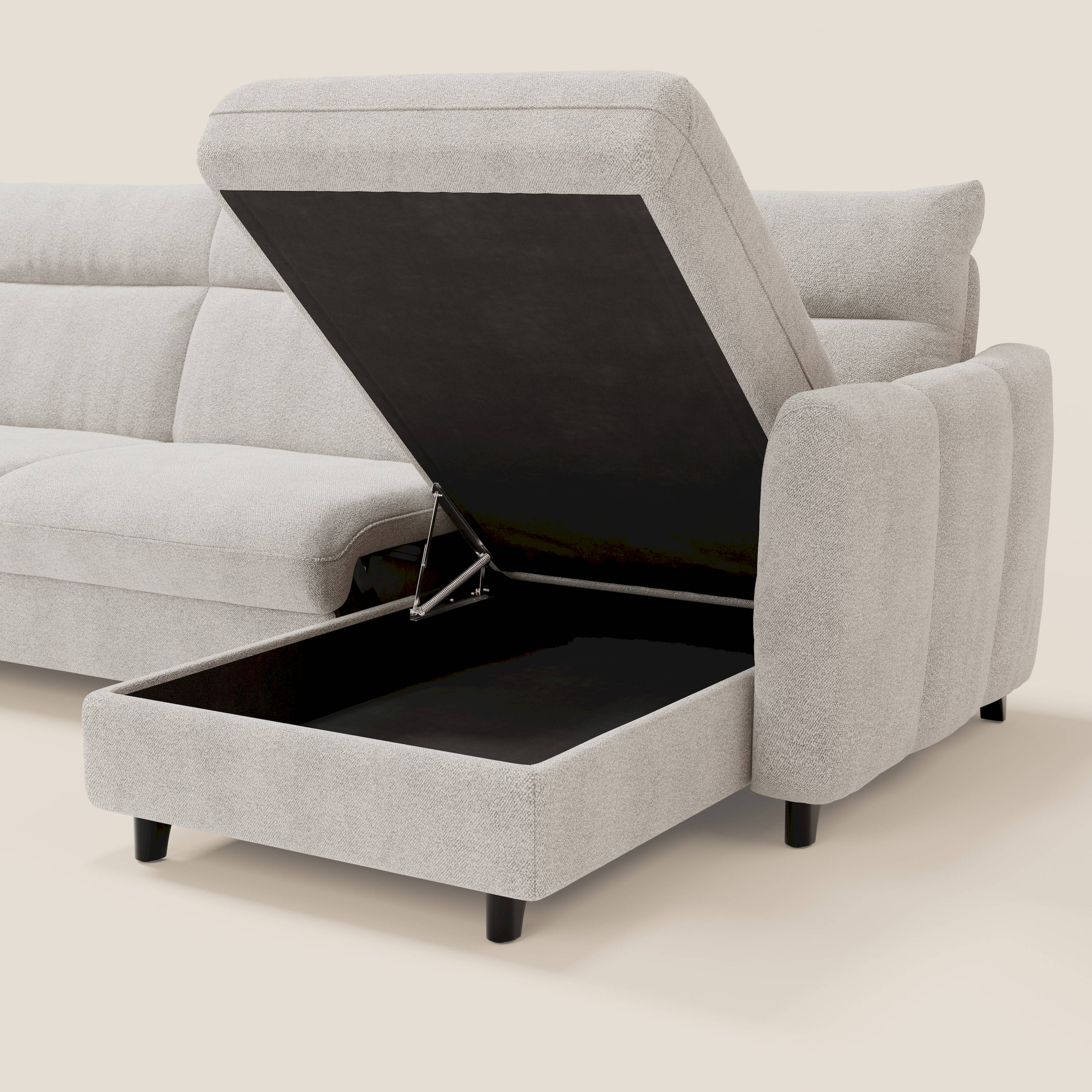 Peonia divano letto angolare con Penisola Contenitore - Materasso H18 cm in Bouclé Impermeabile T07 - divani.store