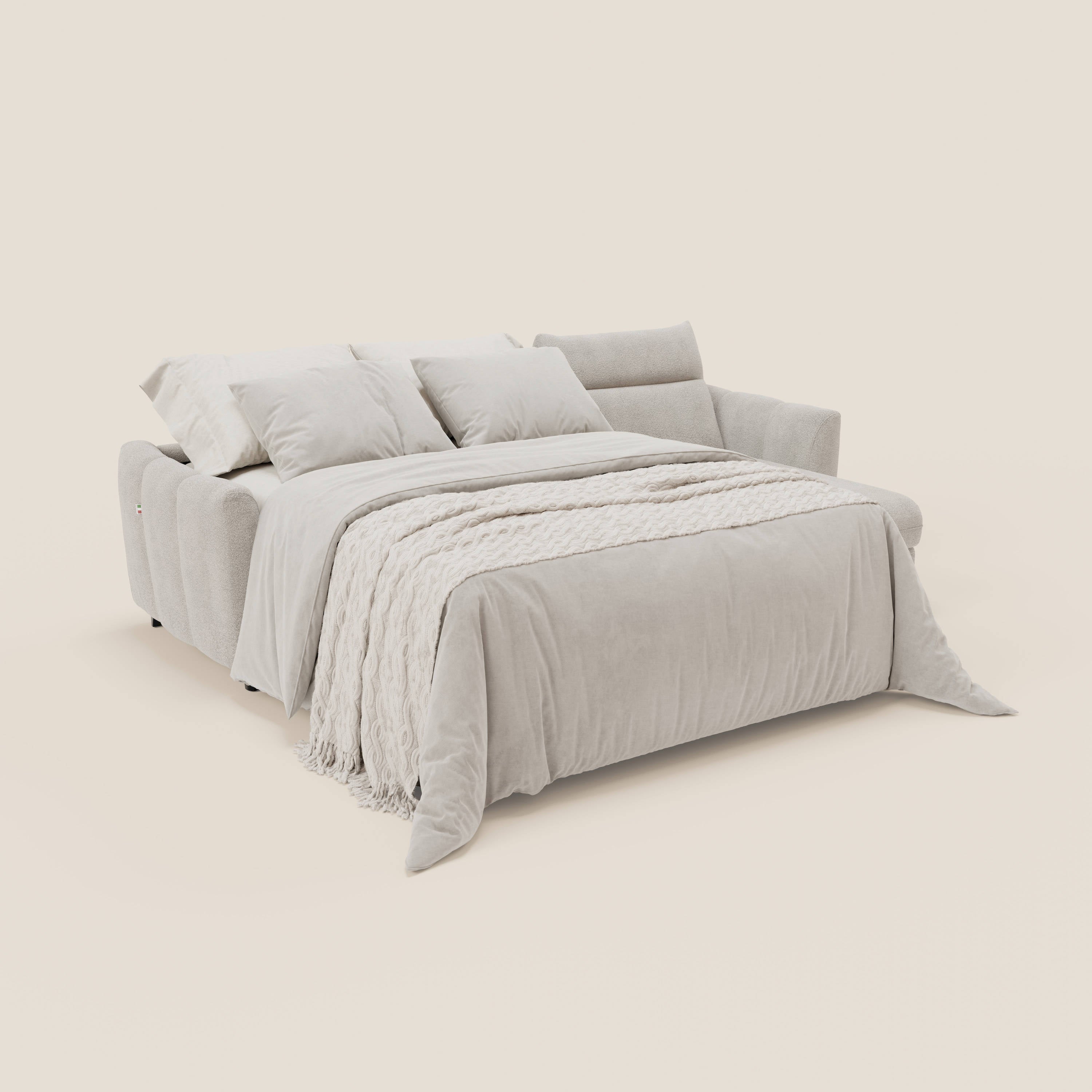 Peonia divano letto angolare con Penisola Contenitore - Materasso H18 cm in Bouclé Impermeabile T07 - divani.store