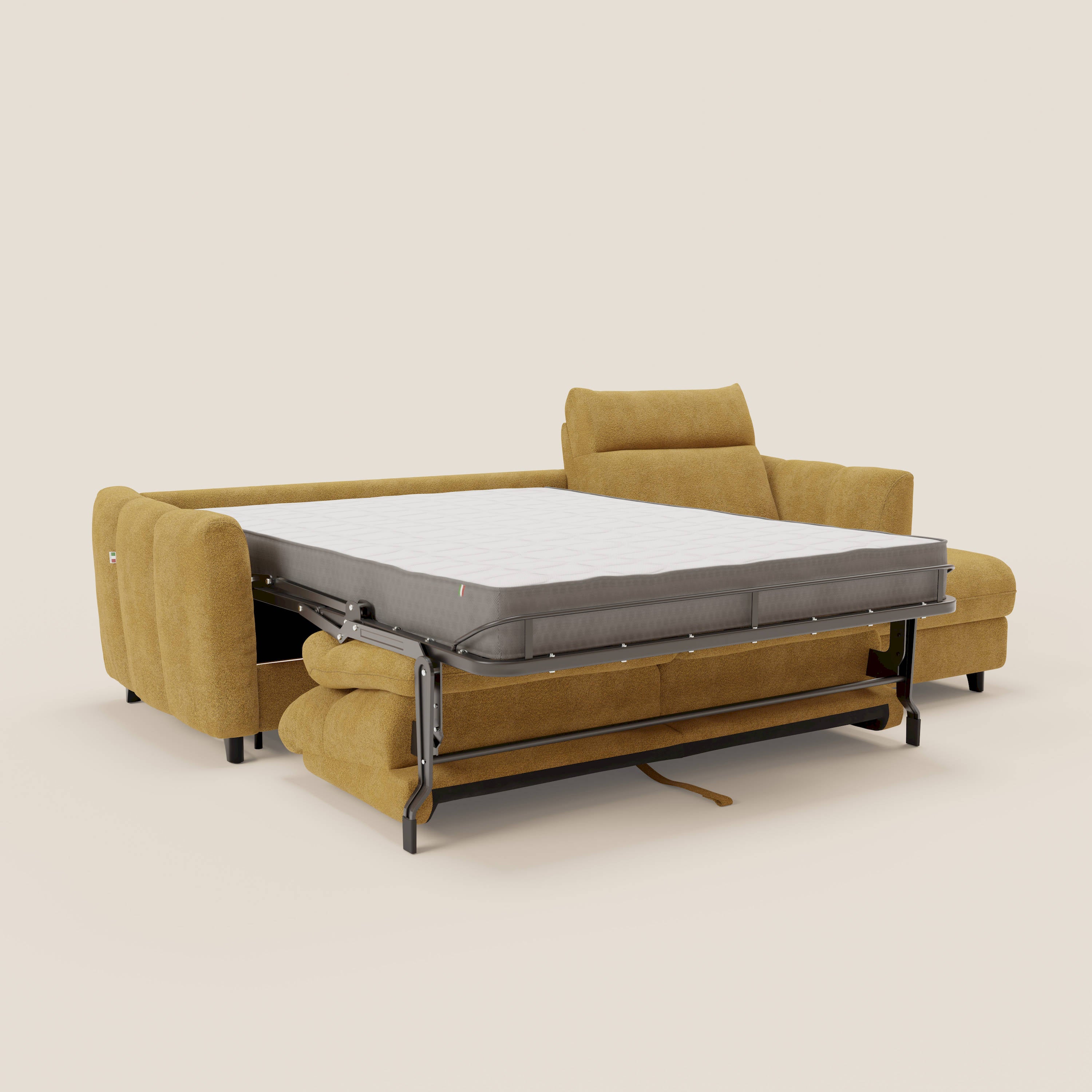 Peonia divano letto angolare con Penisola Contenitore - Materasso H18 cm in Bouclé Impermeabile T07 - divani.store