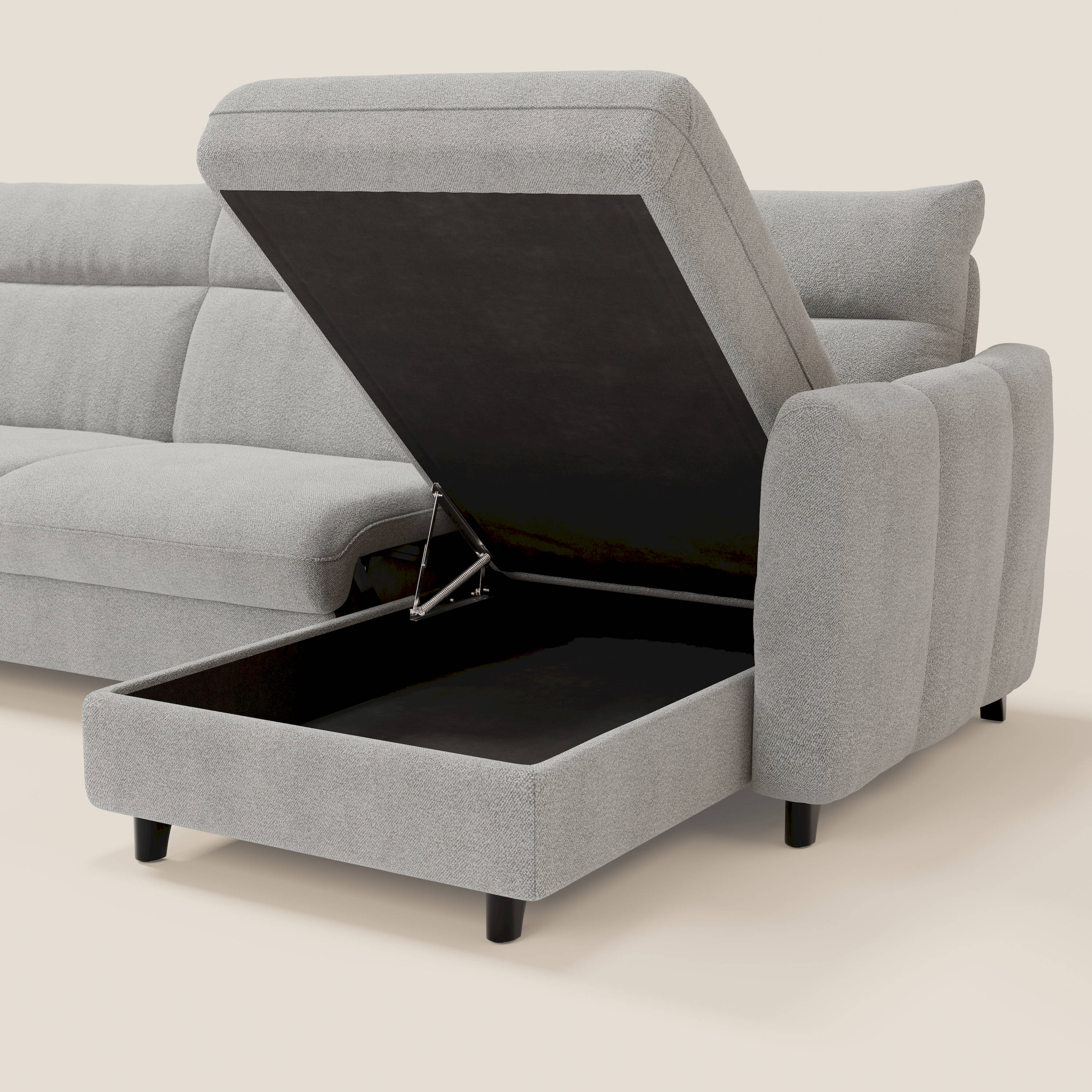Peonia divano letto angolare con Penisola Contenitore - Materasso H18 cm in Bouclé Impermeabile T07 - divani.store