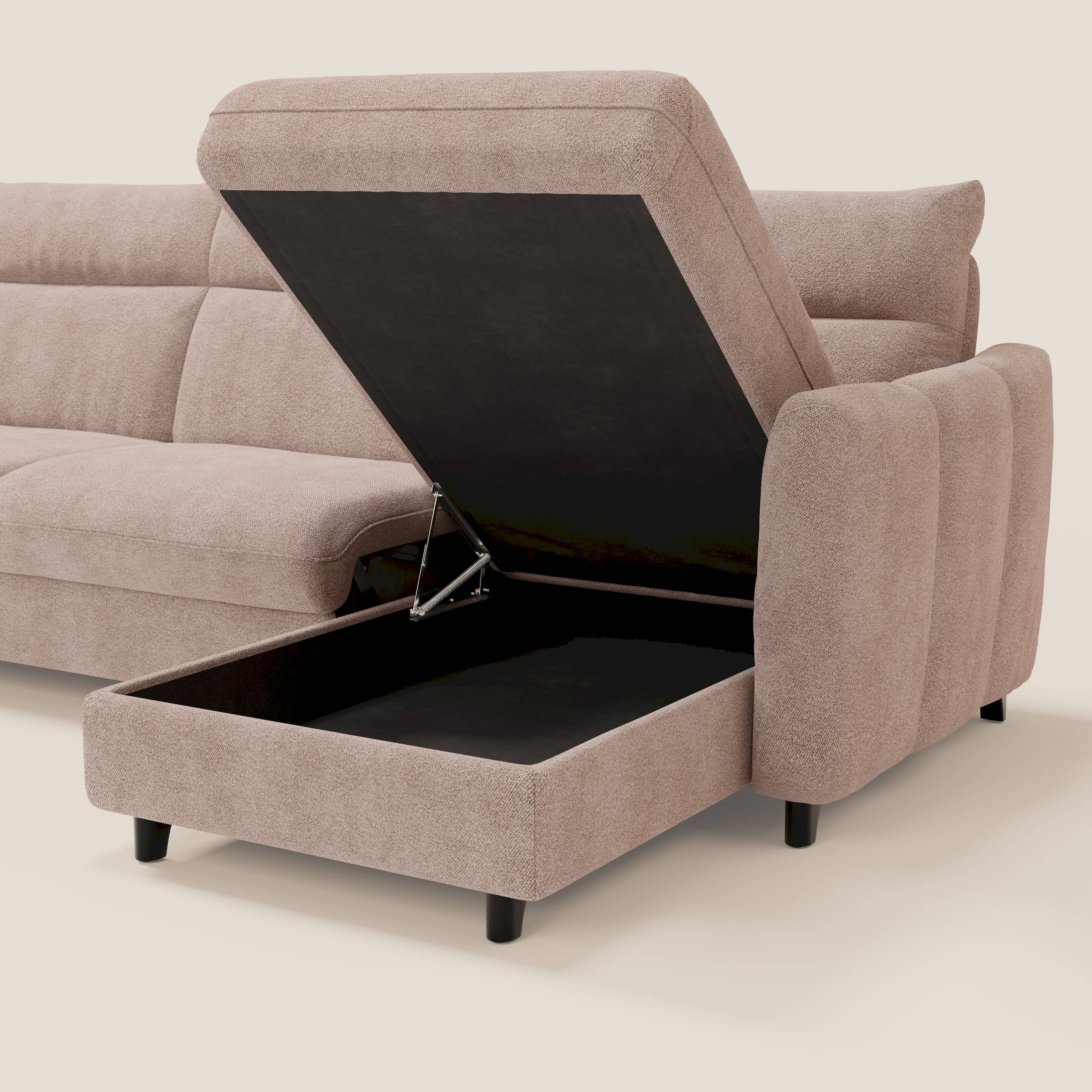 Peonia divano letto angolare con Penisola Contenitore - Materasso H18 cm in Bouclé Impermeabile T07 - divani.store