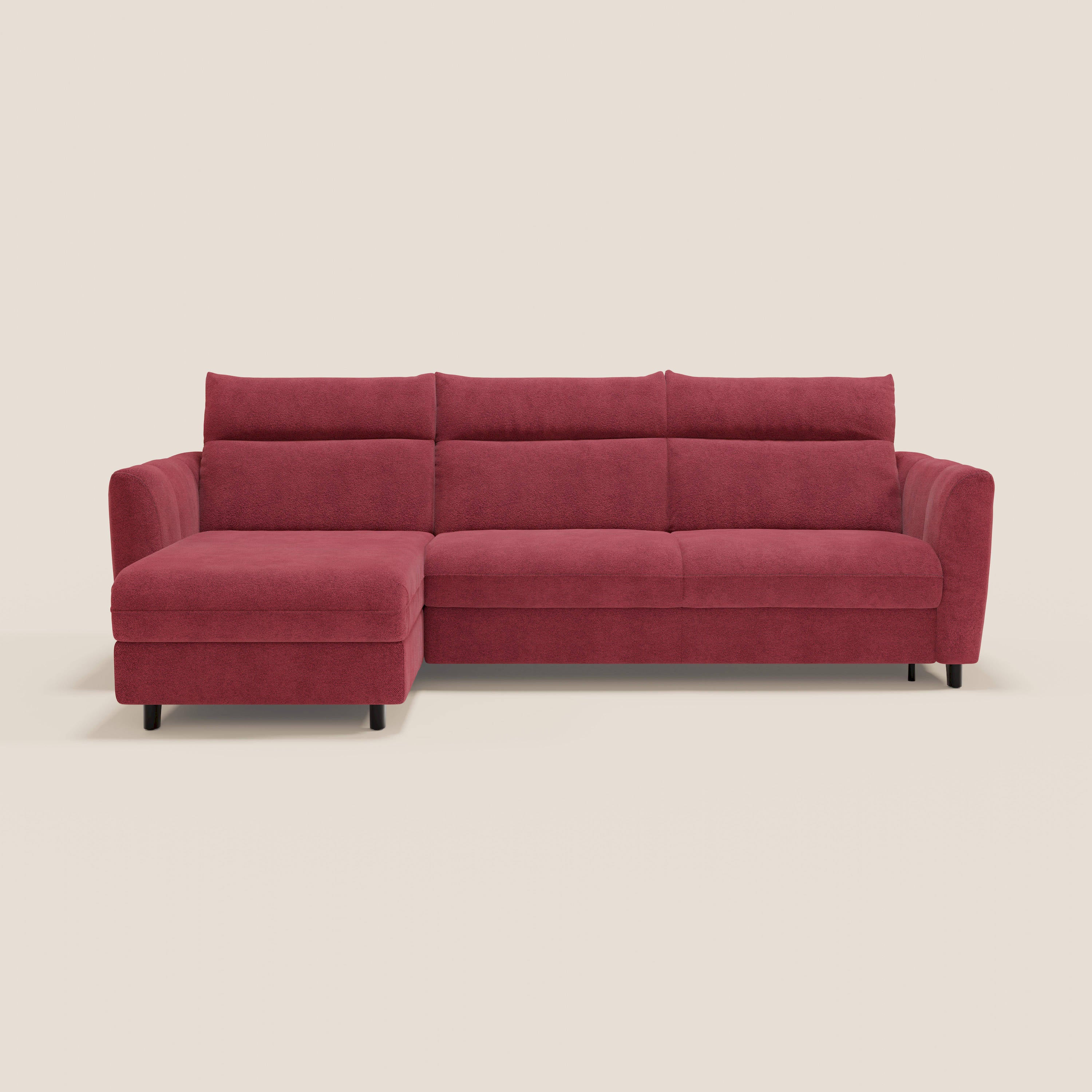 Peonia divano letto angolare con Penisola Contenitore - Materasso H18 cm in Bouclé Impermeabile T07 rosso - divani.store