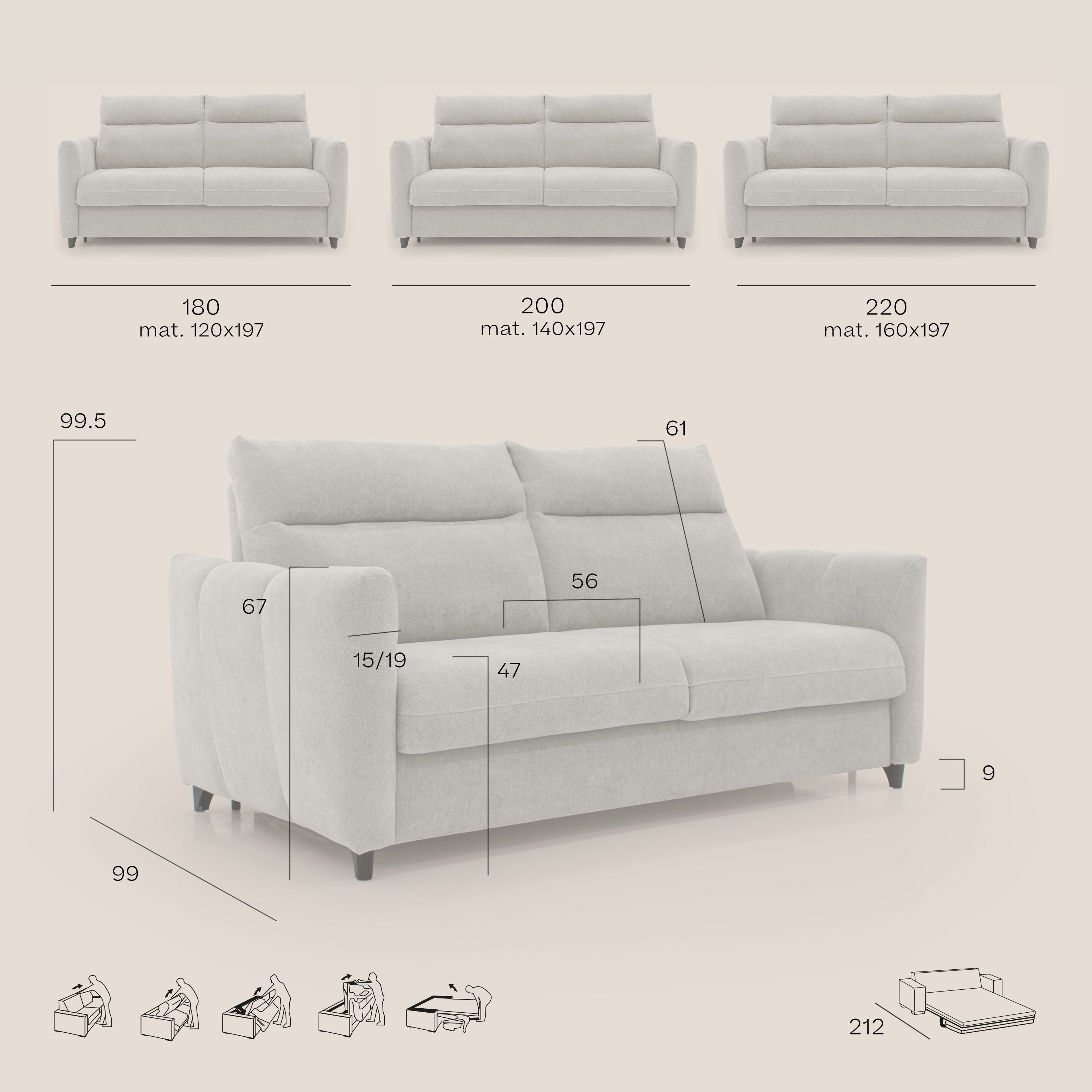 Peonia divano letto scandinavo con materasso H18 cm e morbido e alto schienale in tessuto Bouclé impermeabile T07 carta da zucchero - divani.store