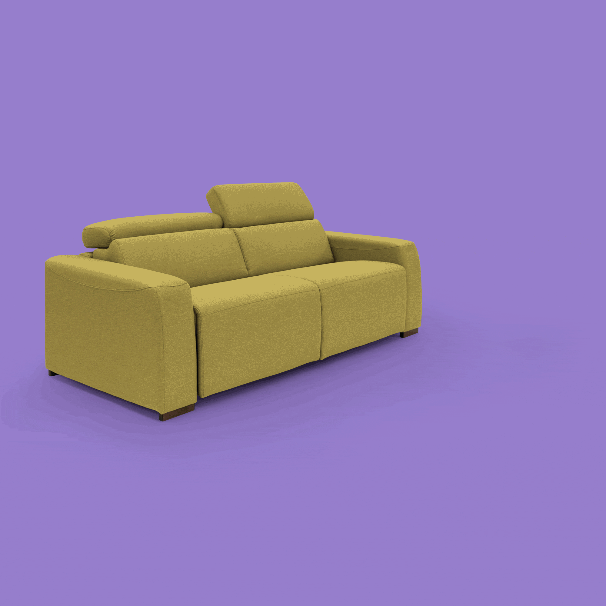 Il divano letto Poseidon + relax elettrico di Divani.Store, in tessuto smacchiabile impermeabile T05 giallo, è caratterizzato da linee moderne, cuscini in feltro, braccioli e poggiatesta regolabili su uno sfondo solido color lavanda-viola.