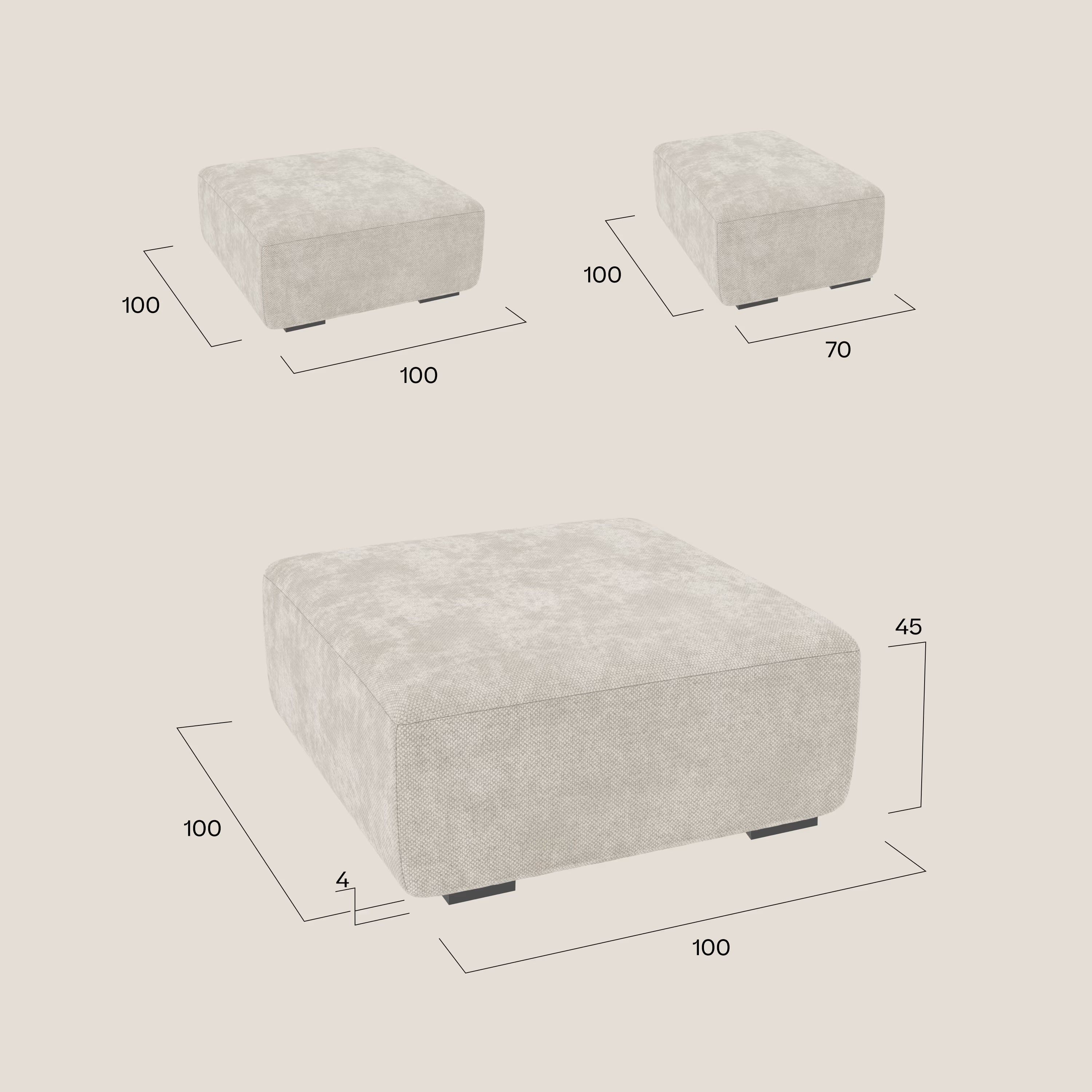 Tre pouf modulari BonBon grigio chiaro di Divani.Store in tessuto antimacchia T23 pesca, presentati da diverse angolazioni: due da 100x100x45 cm, uno da 100x70x45 cm. Ciascuno di essi è dotato di piedini neri corti e di una texture morbida e soffice.