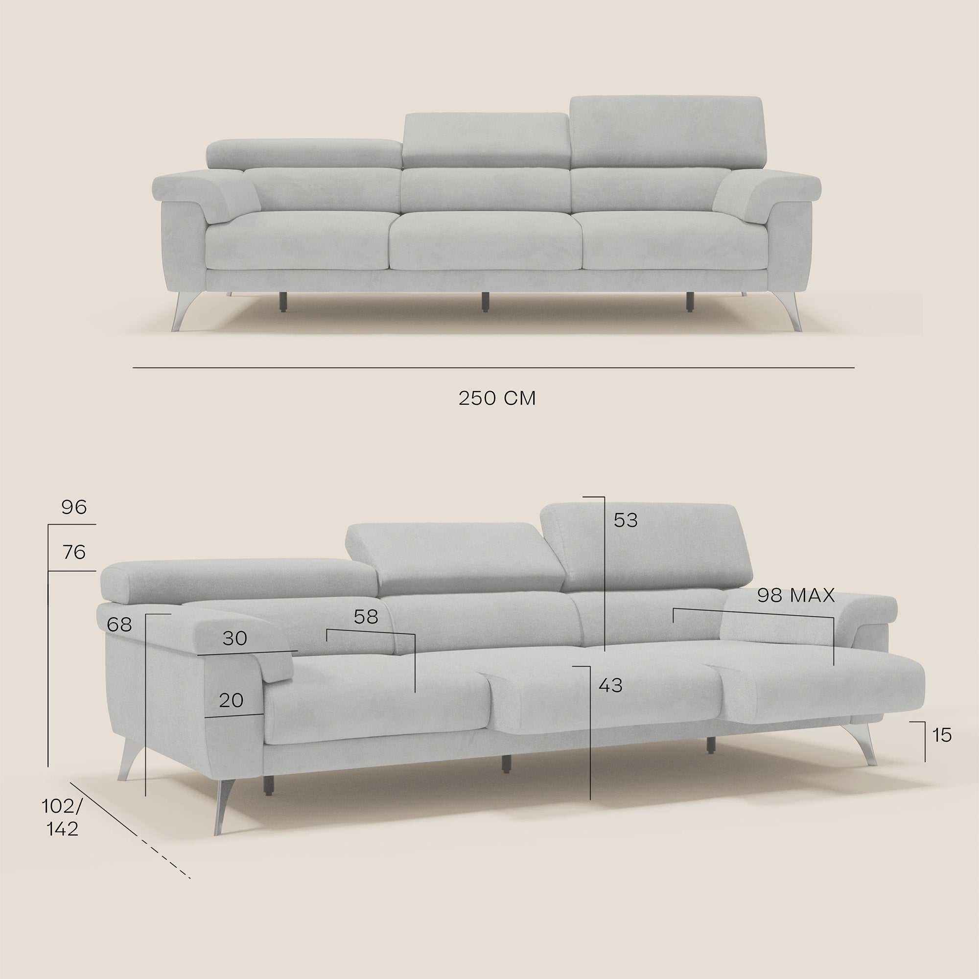 Raffaello Sofa mit 3 ausziehbaren Sitzen und verstellbaren Kopfstützen aus waschbarer Mikrofaser T11 beige